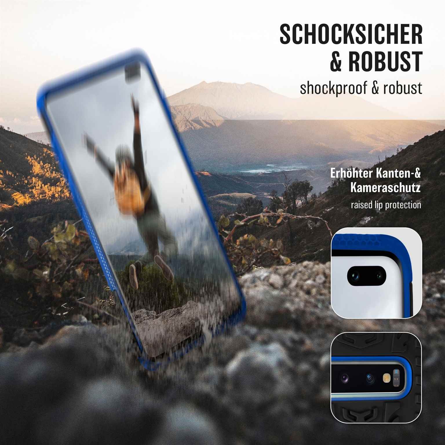 Blaue Handyhülle, Telefon fällt, Berge im Hintergrund.