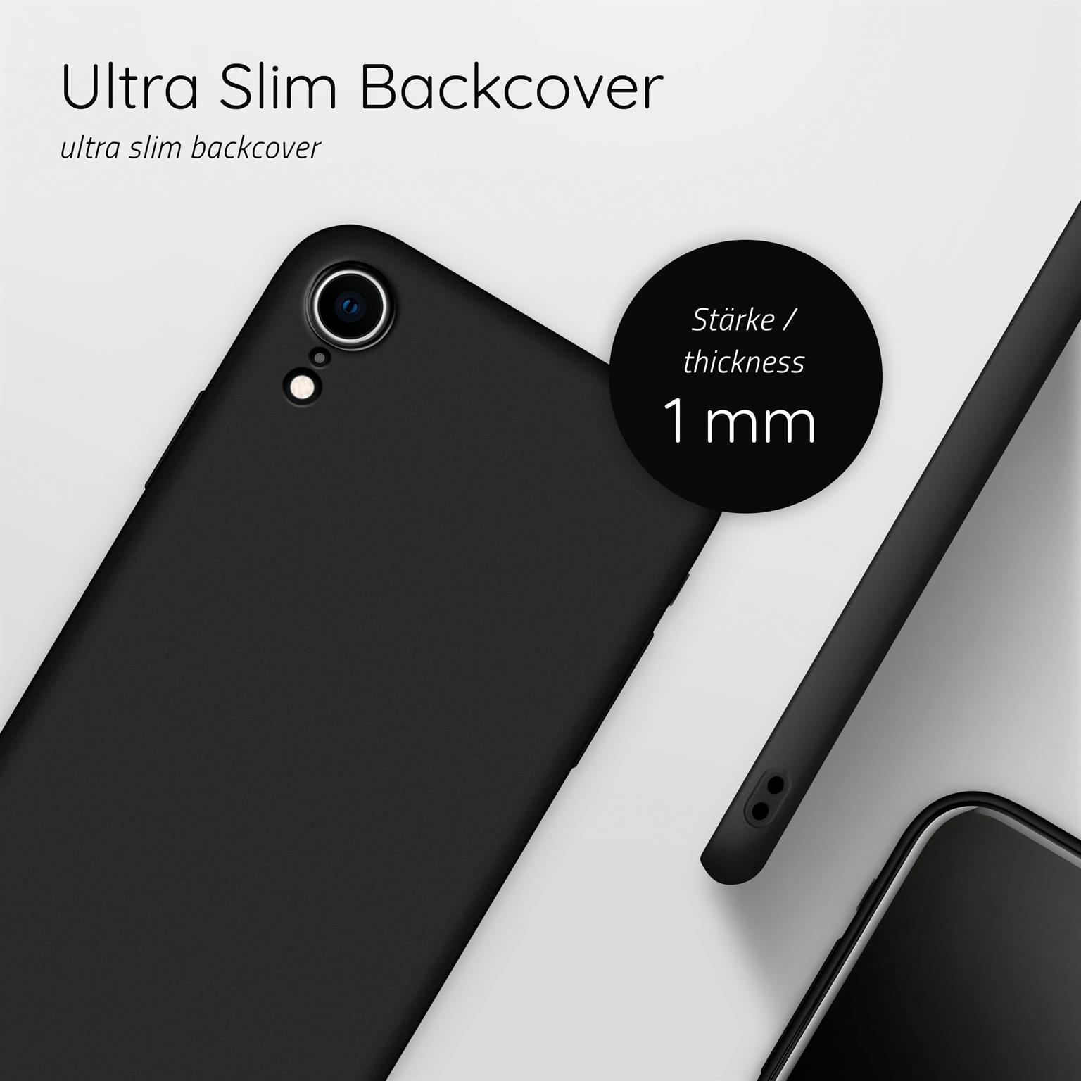 Schwarze Handy-Rückseite. Zeigt eine Dicke von 1 mm. Weißer Hintergrund.