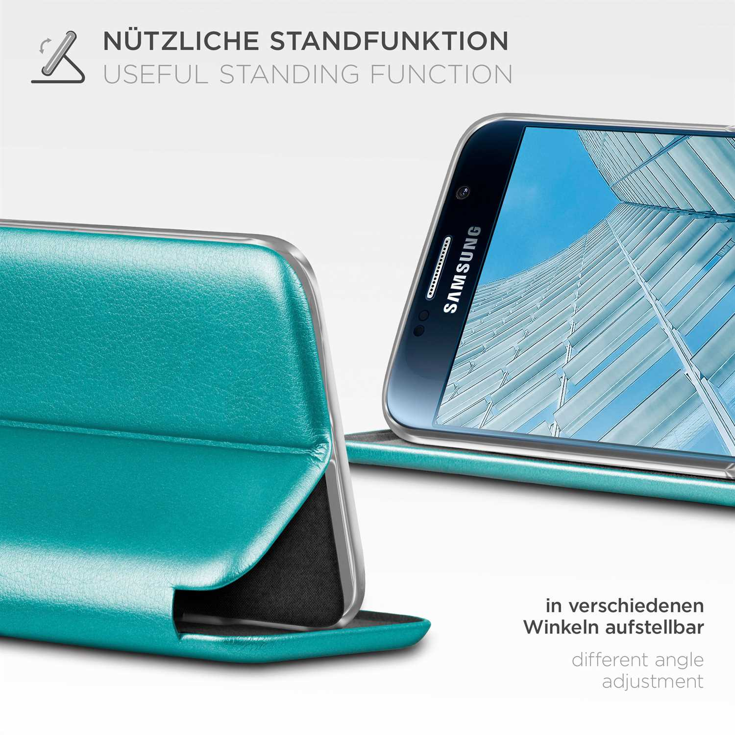 Türkisfarbene Handyhülle, Samsung-Telefon darin. Telefon liegt offen. Weißer Hintergrund.