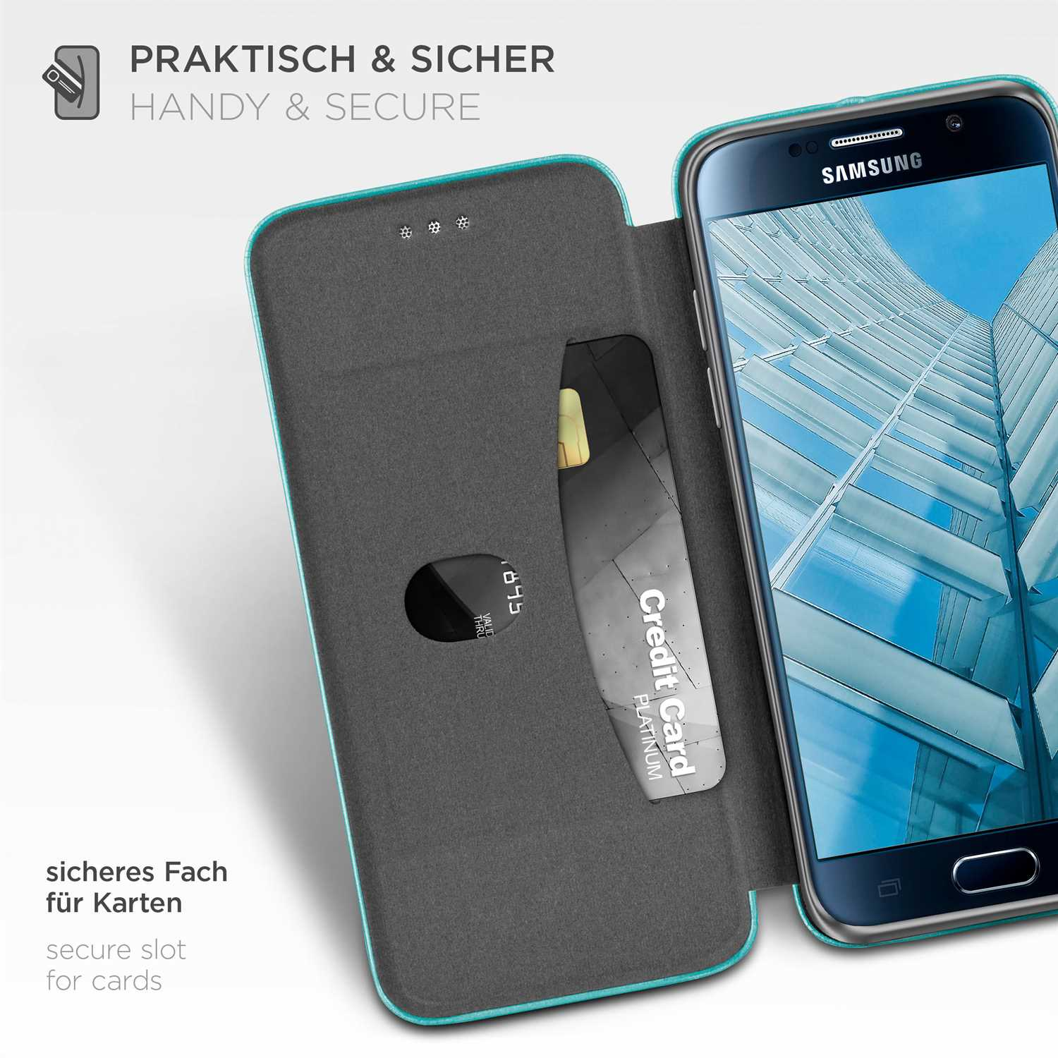 Geöffnete Handyhülle mit Kartenfach und Kreditkarte, sowie ein Telefon.