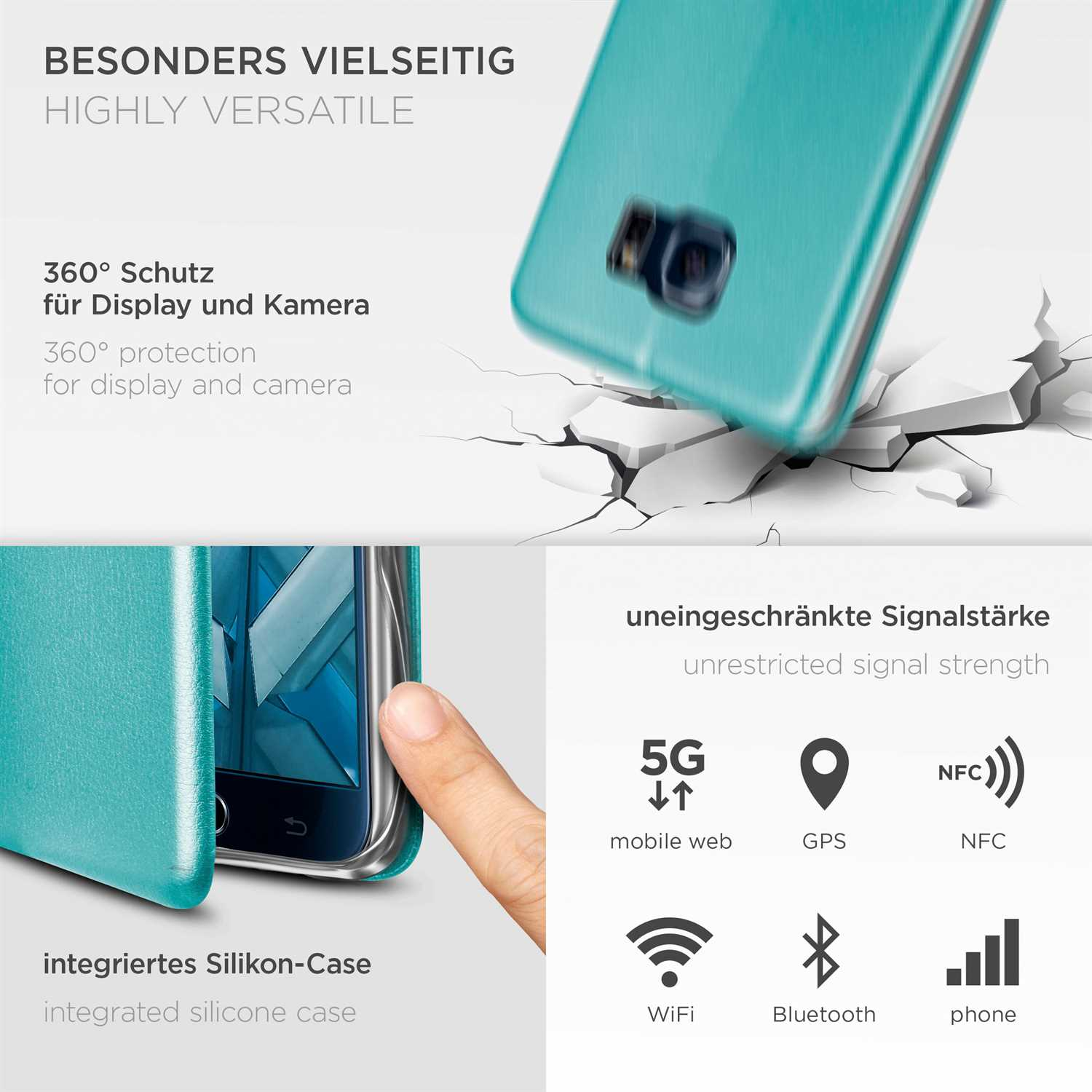 Blaue Handyhülle mit 5G, GPS, NFC, WiFi, Bluetooth, Telefonsignal-Symbolen. Text: Sehr vielseitig.