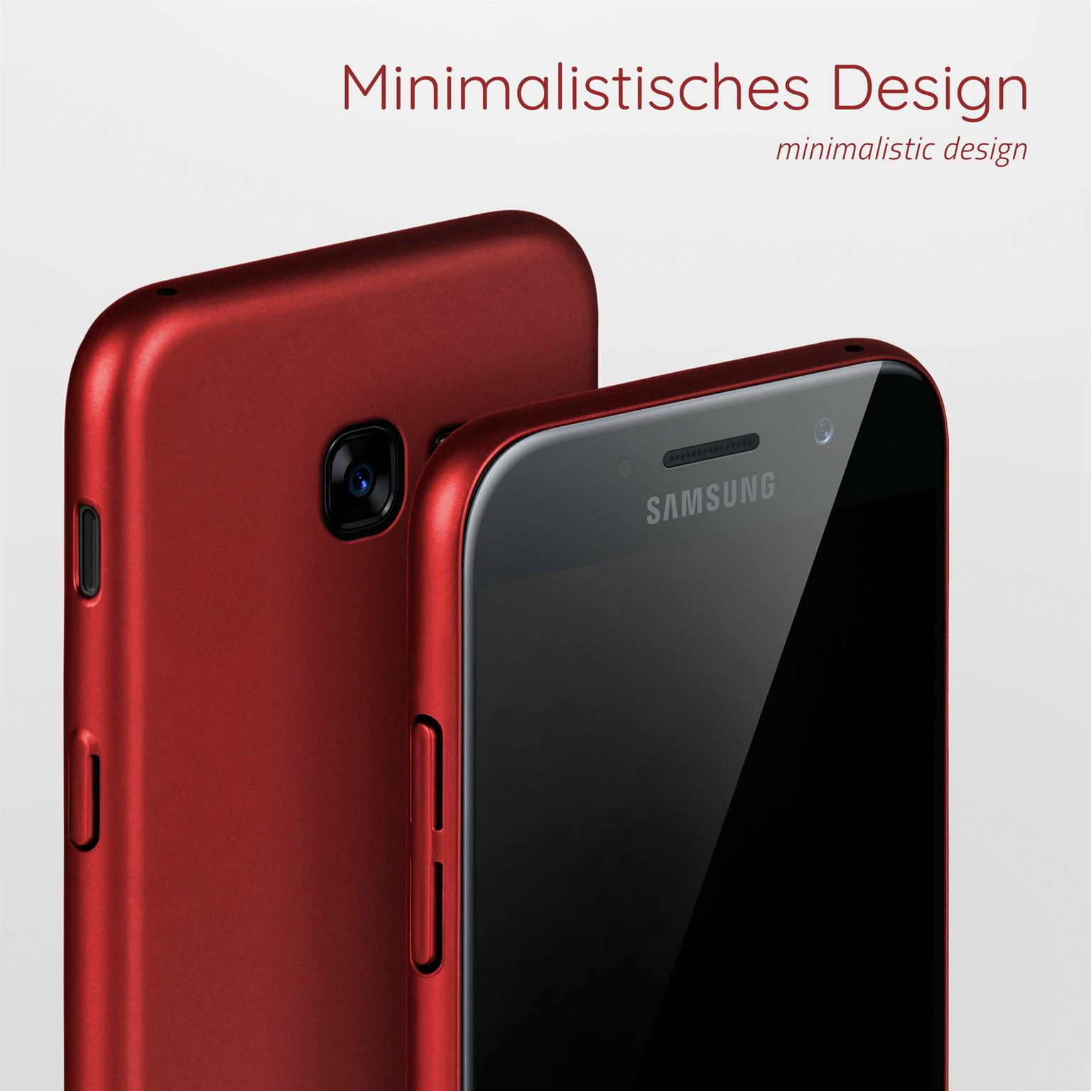 Rote Telefonhülle und Telefon. Telefon hat schwarzen Bildschirm. Text sagt Minimalistisches Design.