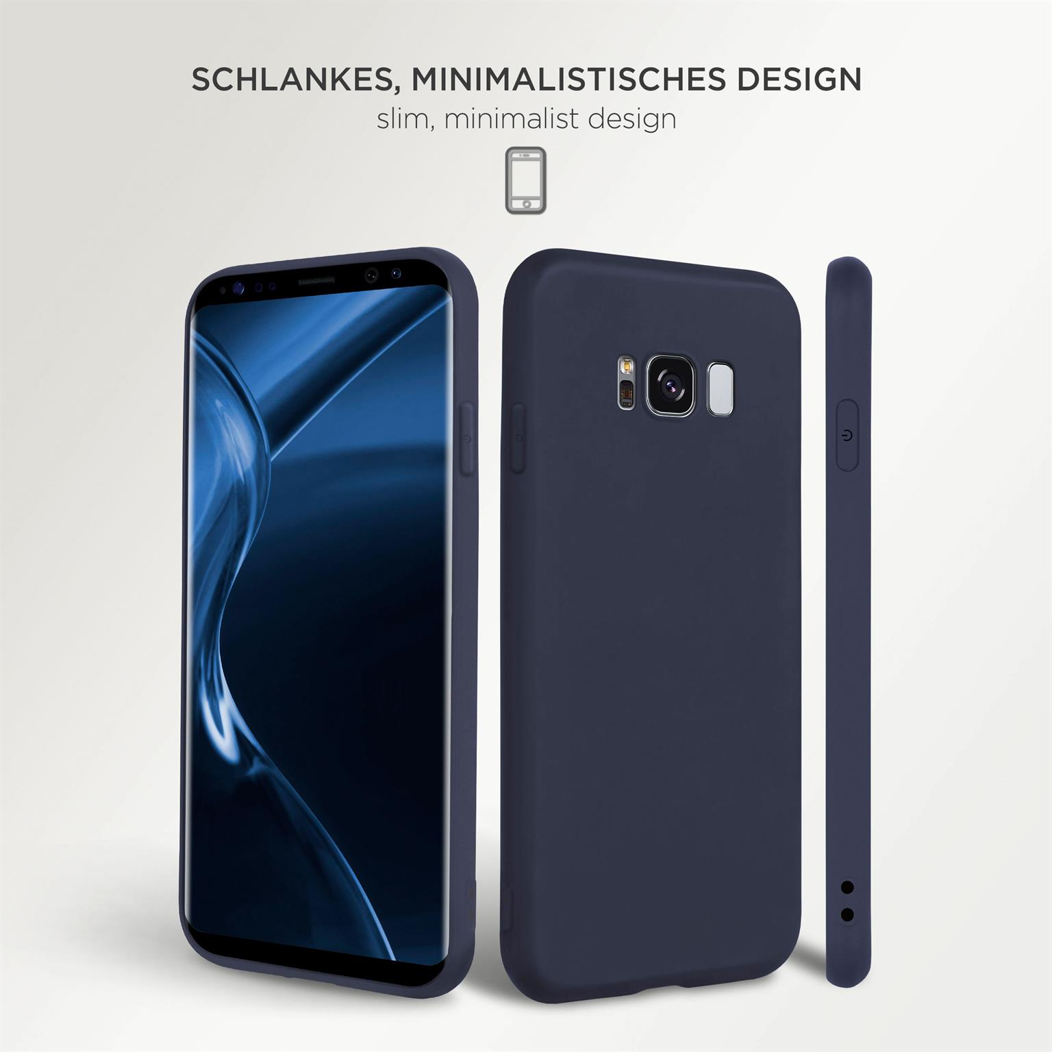 Marineblaue Handyhülle, zeigt drei Ansichten: vorne, hinten und Seite. Schlankes Design.