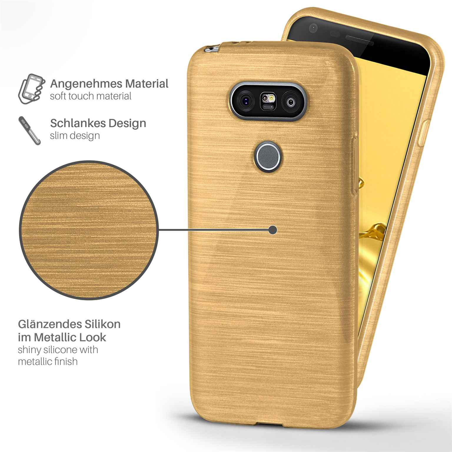 Goldene Handyhülle mit Textur und Telefon. Text zeigt Eigenschaften der Hülle.