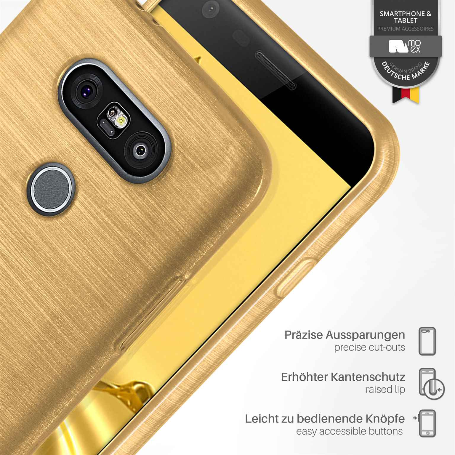 Eine goldene Handyhülle. Text: Präzise Aussparungen, erhöhter Kantenschutz, leicht zugängliche Tasten.