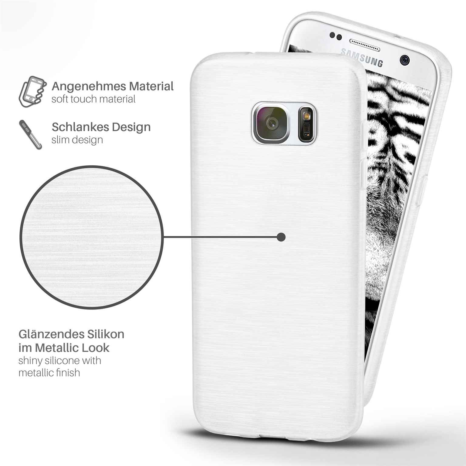 Weißes Handycase mit Telefon. Text: glänzendes Silikon, metallisches Finish, schlankes Design.