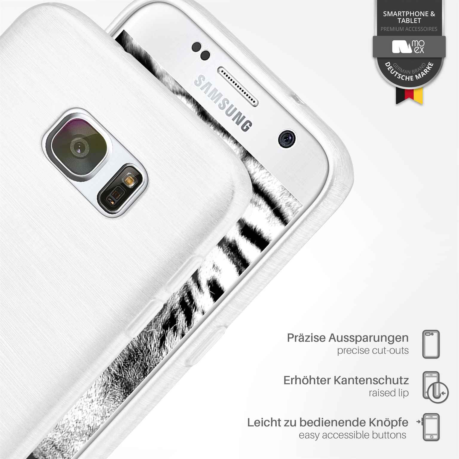 Weiße Handyhülle um ein weißes Telefon. Die Hülle befindet sich neben einem weißen Hintergrund.