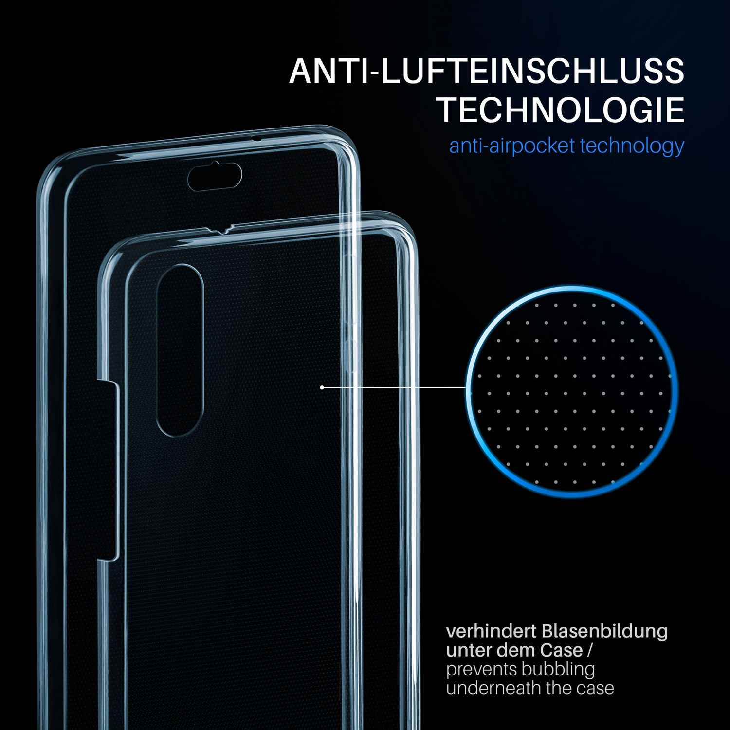 Zwei transparente Handyhüllen, die Anti-Luftblasen-Technologie zeigen, mit einer blauen Punktgrafik.