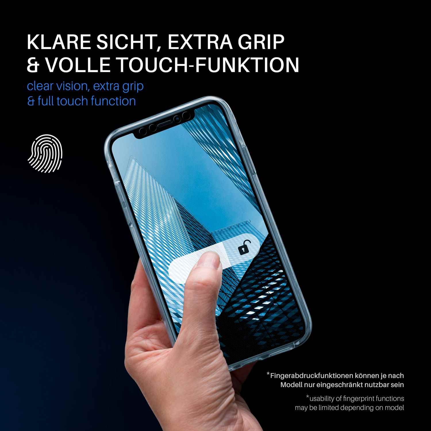 Eine Hand hält ein Telefon mit Stadtbildschirm. Das Telefon hat eine klare Hülle mit zusätzlichem Griff.