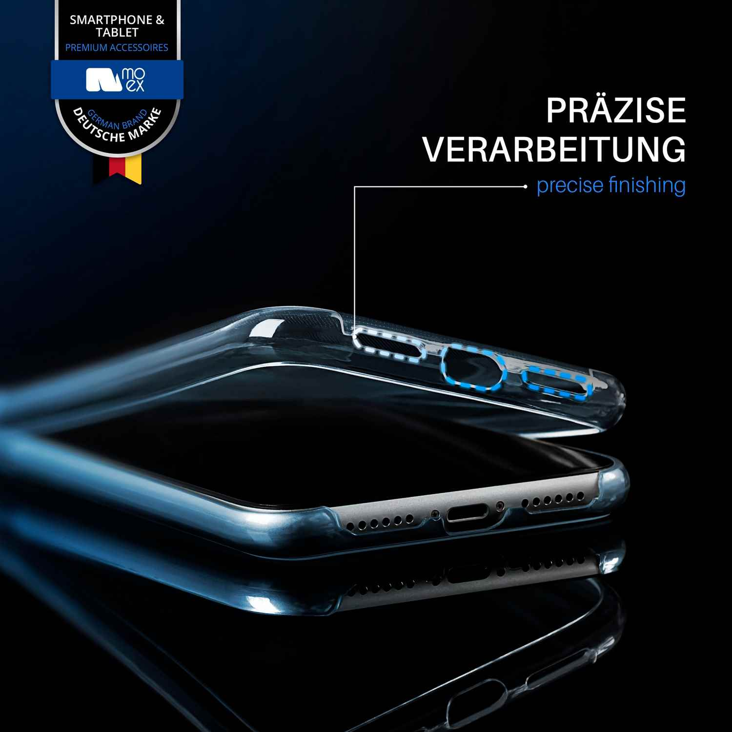 Transparente Handyhülle mit präziser Verarbeitung und Logo oben links.