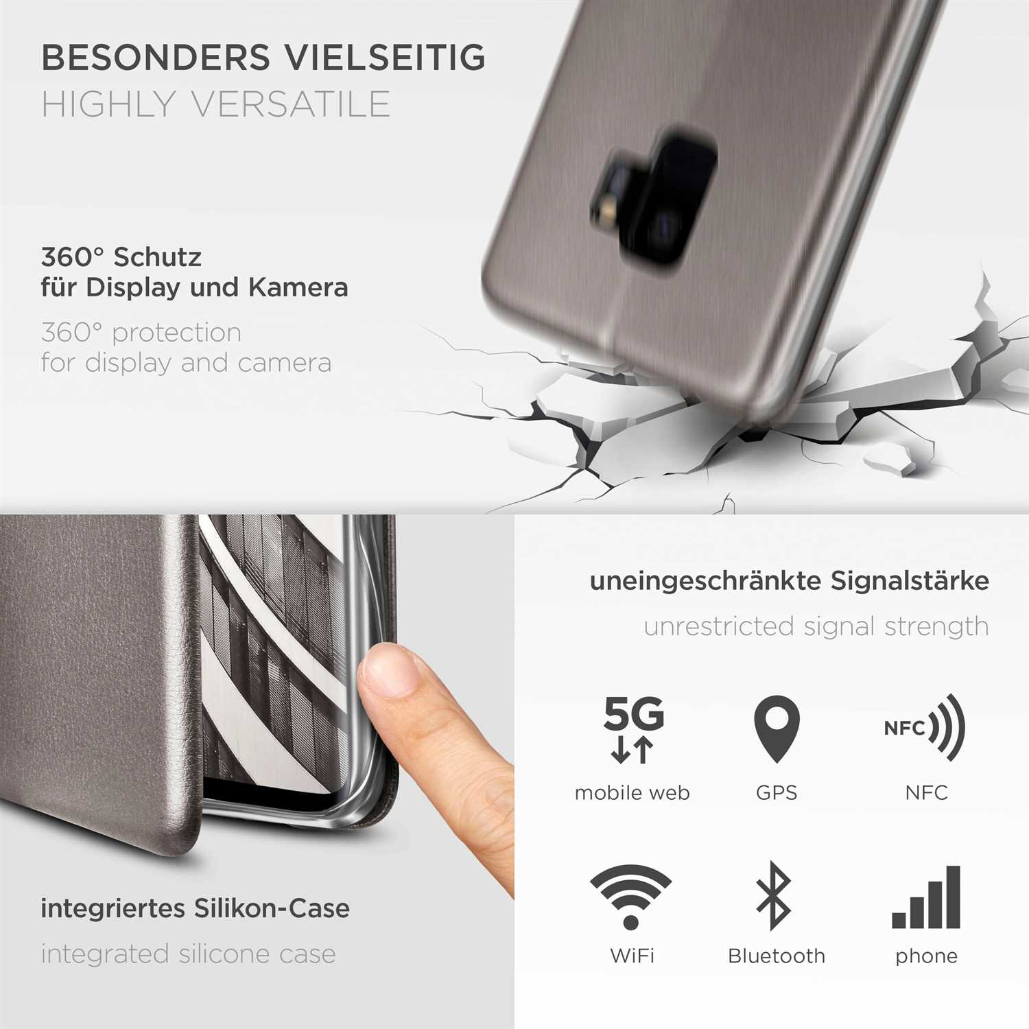 Handyhülle mit zerbrochener Oberfläche. Text: 360° Schutz für Display und Kamera. Icons: 5G, GPS, NFC, WiFi.