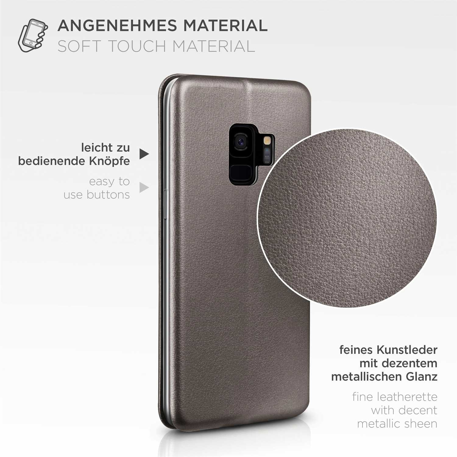 Handyhülle mit Metallic-Glanz. Text: Feines Kunstleder mit dezentem Metallic-Glanz. Leicht zu bedienende Knöpfe.