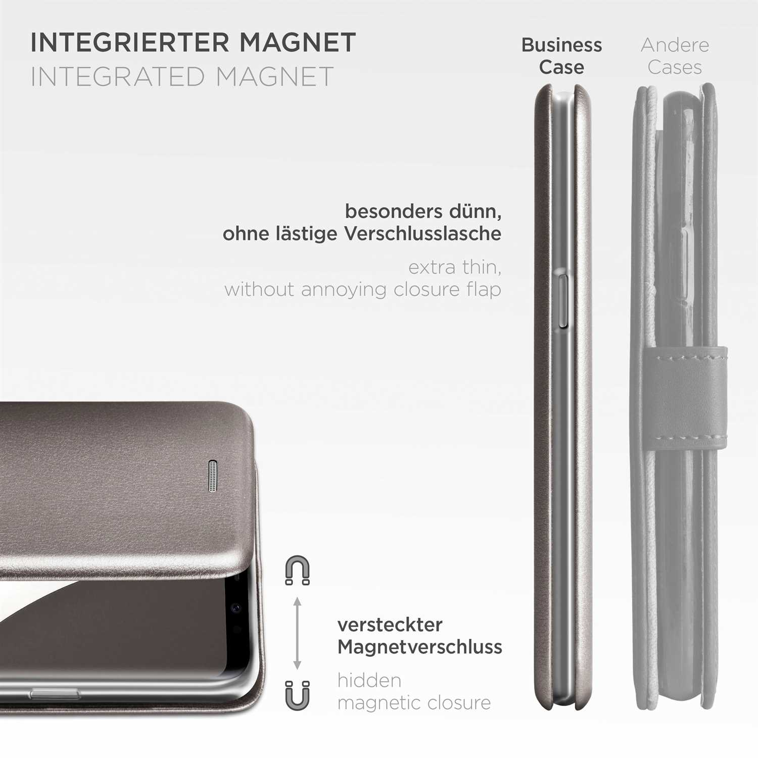 Handyhülle mit integriertem Magneten. Text: 'integrierter Magnet', 'extra dünn'.