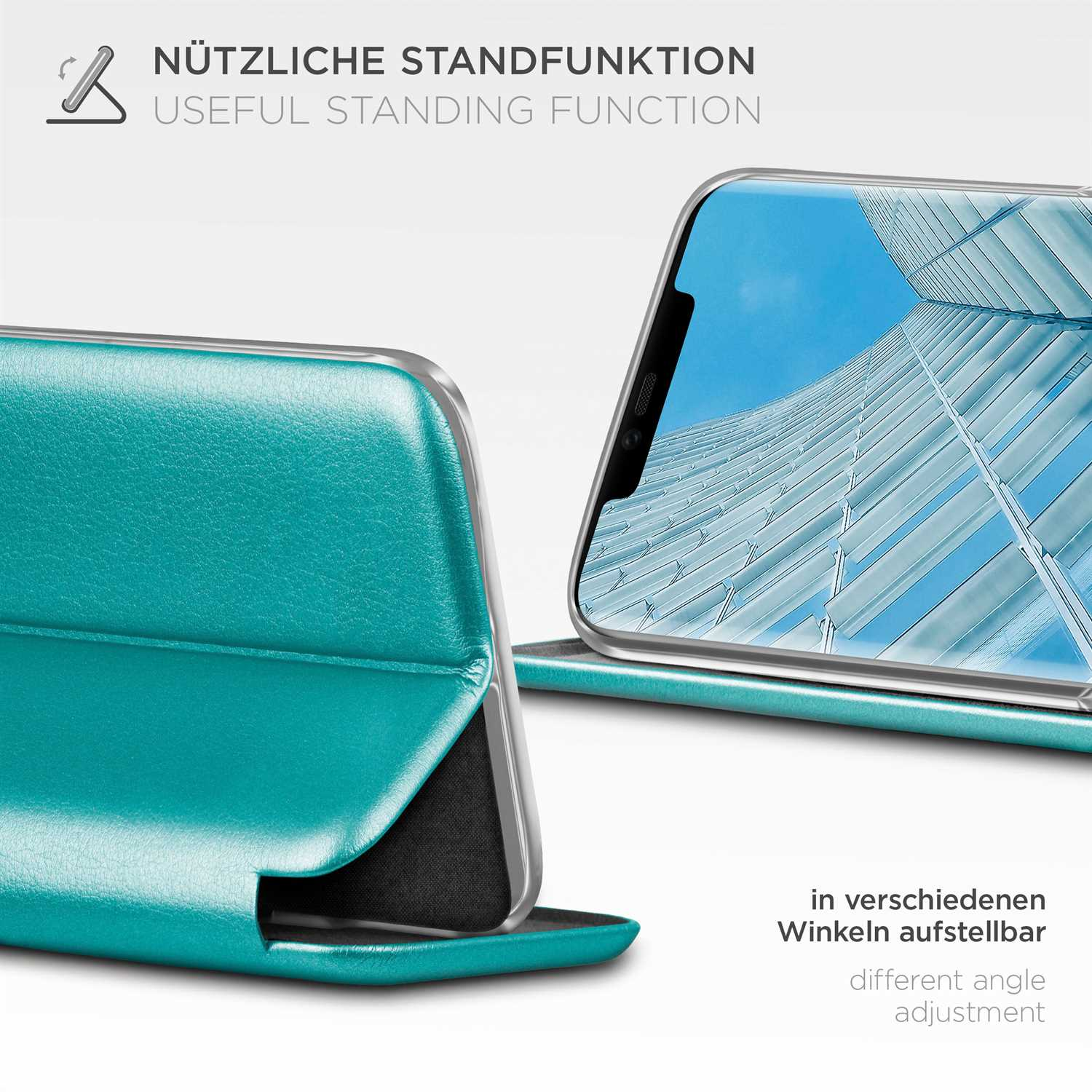 Türkisfarbene Handyhülle mit Gebäude-Bildschirm. Text: 'Nützliche Standfunktion'.