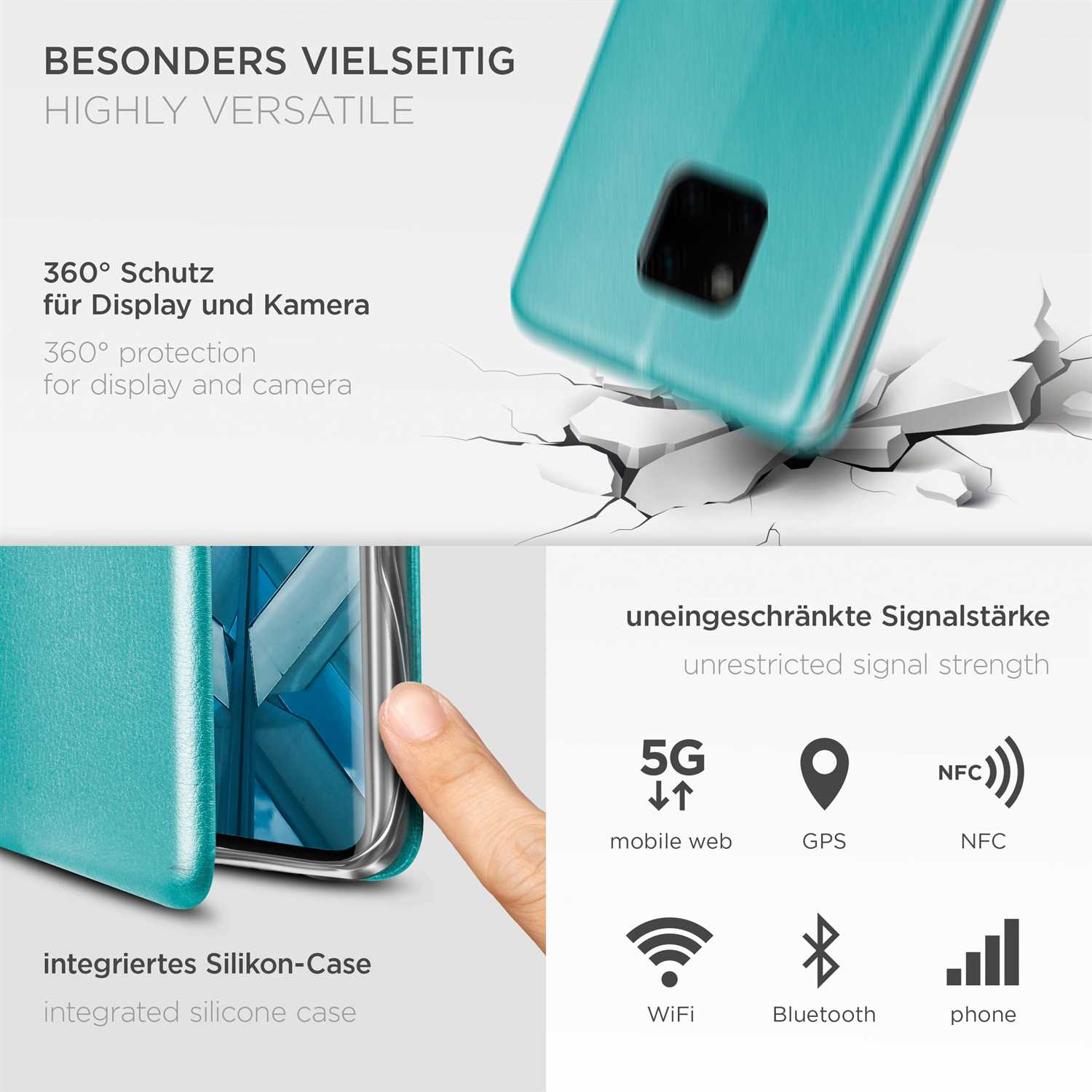 Eine türkisfarbene Handyhülle mit Grafiken von 5G, WiFi, NFC, Bluetooth, GPS und Signalstärke.