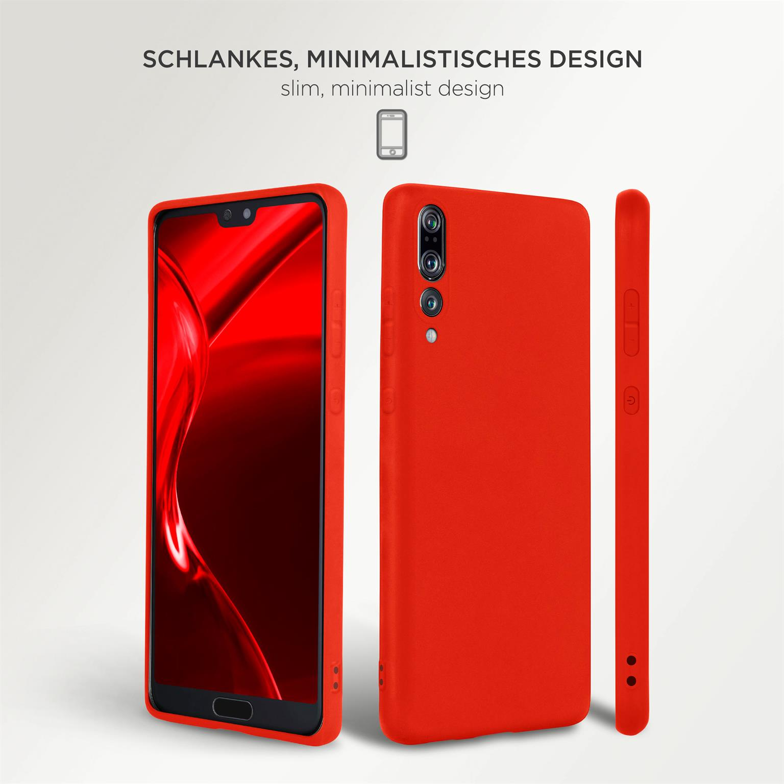 Rote Handyhülle, die das Telefondesign und eine Nahaufnahme der Seite zeigt.
