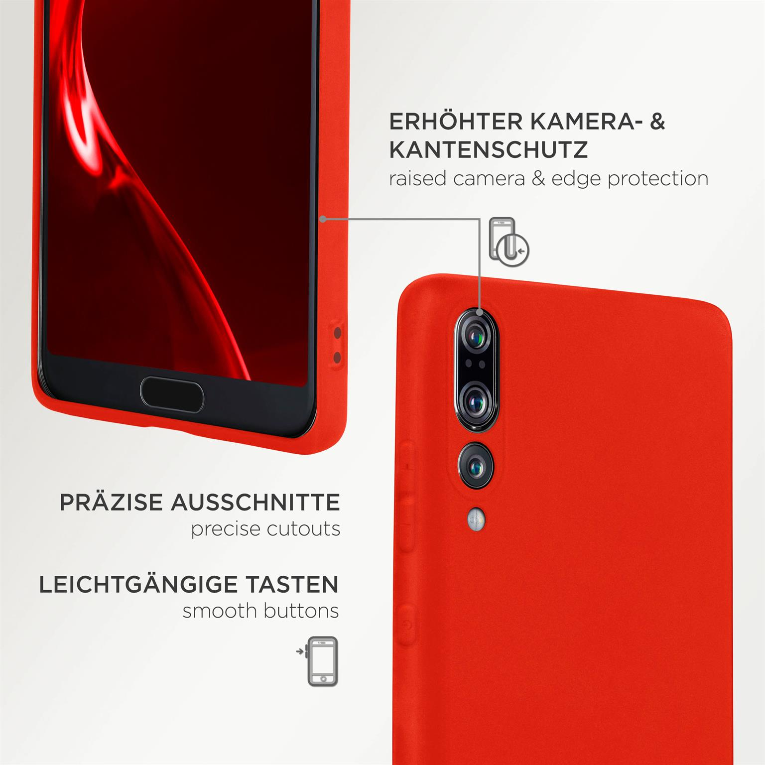 Rote Handyhülle mit erhöhtem Kameraschutz und präzisen Aussparungen. Text: glatte Tasten.