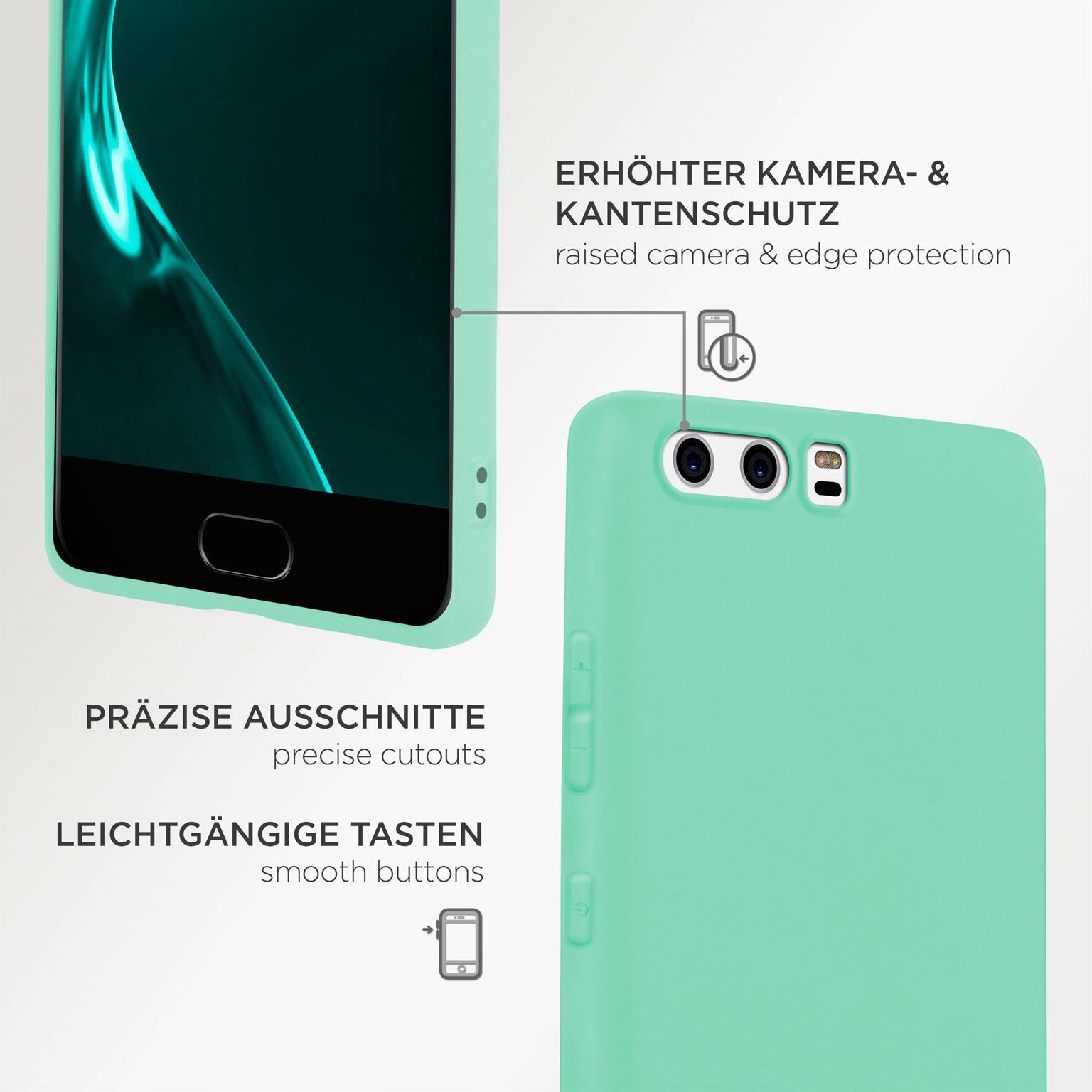 Grüne Handyhülle mit Telefon darin. Präzise Aussparungen und erhöhter Kameraschutz. Weißer Hintergrund.