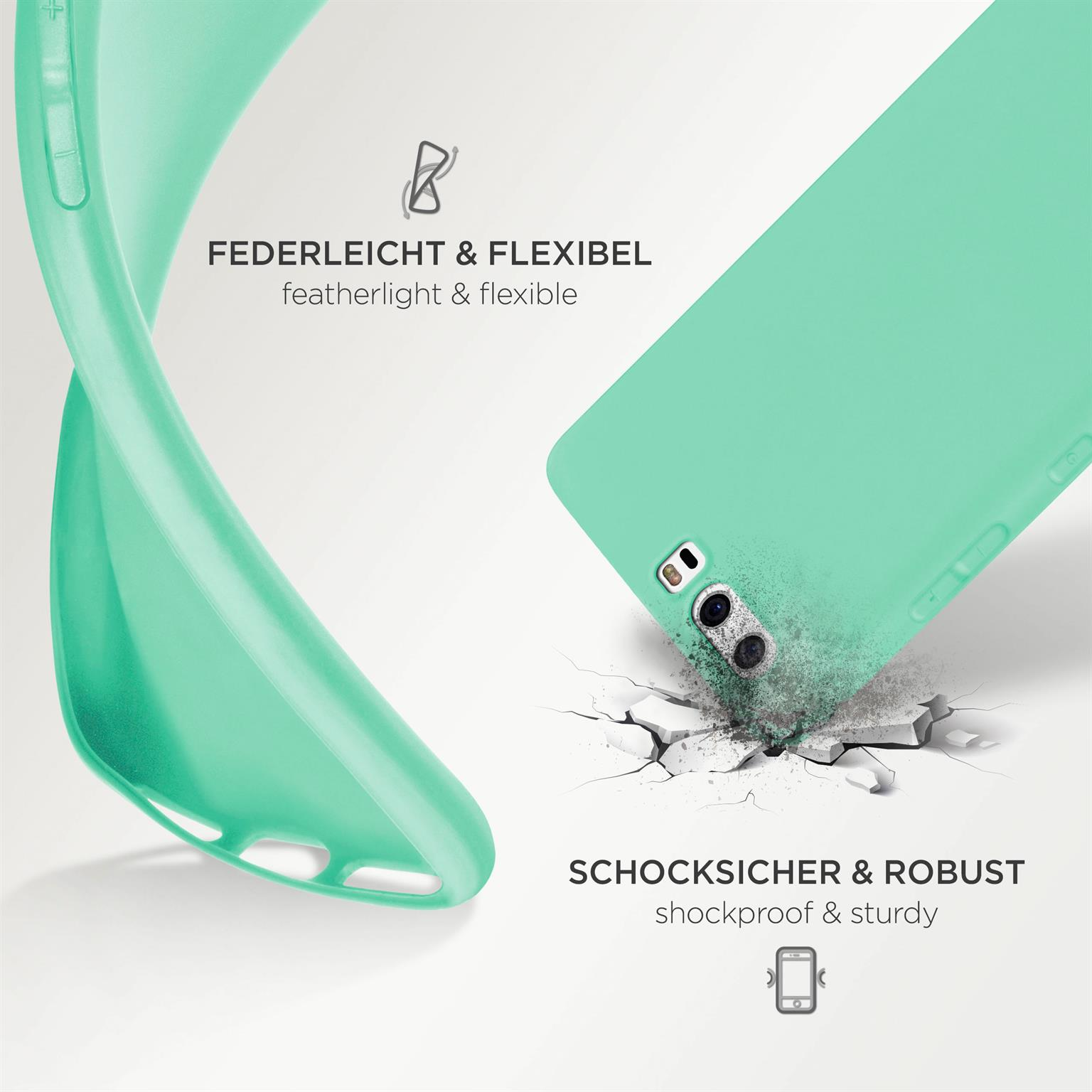 Mintgrüne Handyhülle. Lichteffekt und eine kleine Rissgrafik, Produktwerbung.
