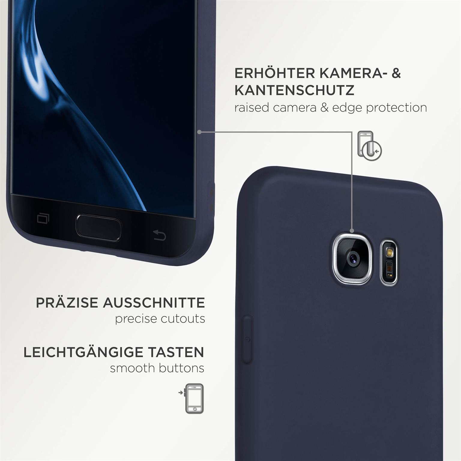 Nahaufnahme einer dunkelblauen Handyhülle. Text: Präzise Ausschnitte, leichtgängige Tasten, Kantenschutz.