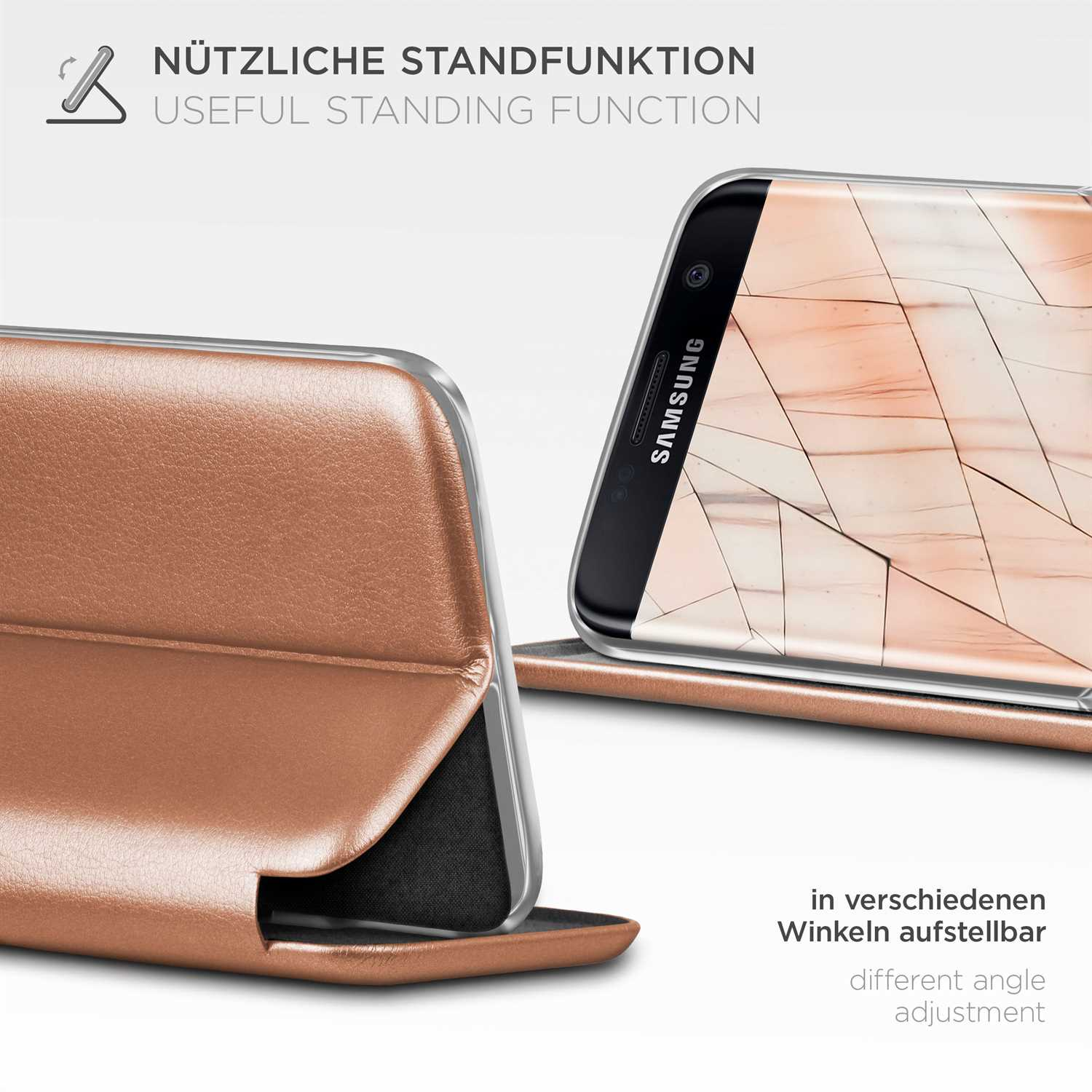 Eine Handyhülle, die wie ein Buch geöffnet werden kann. Der Telefonbildschirm ist sichtbar.