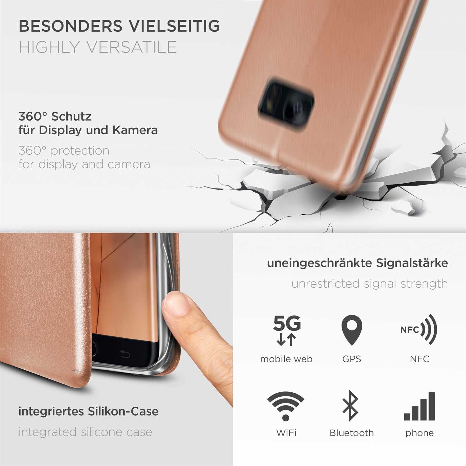 Eine Handyhülle mit roségoldenem Finish, mit einer Hand, die sie hält, und Symbolen für mobiles Web, GPS usw.