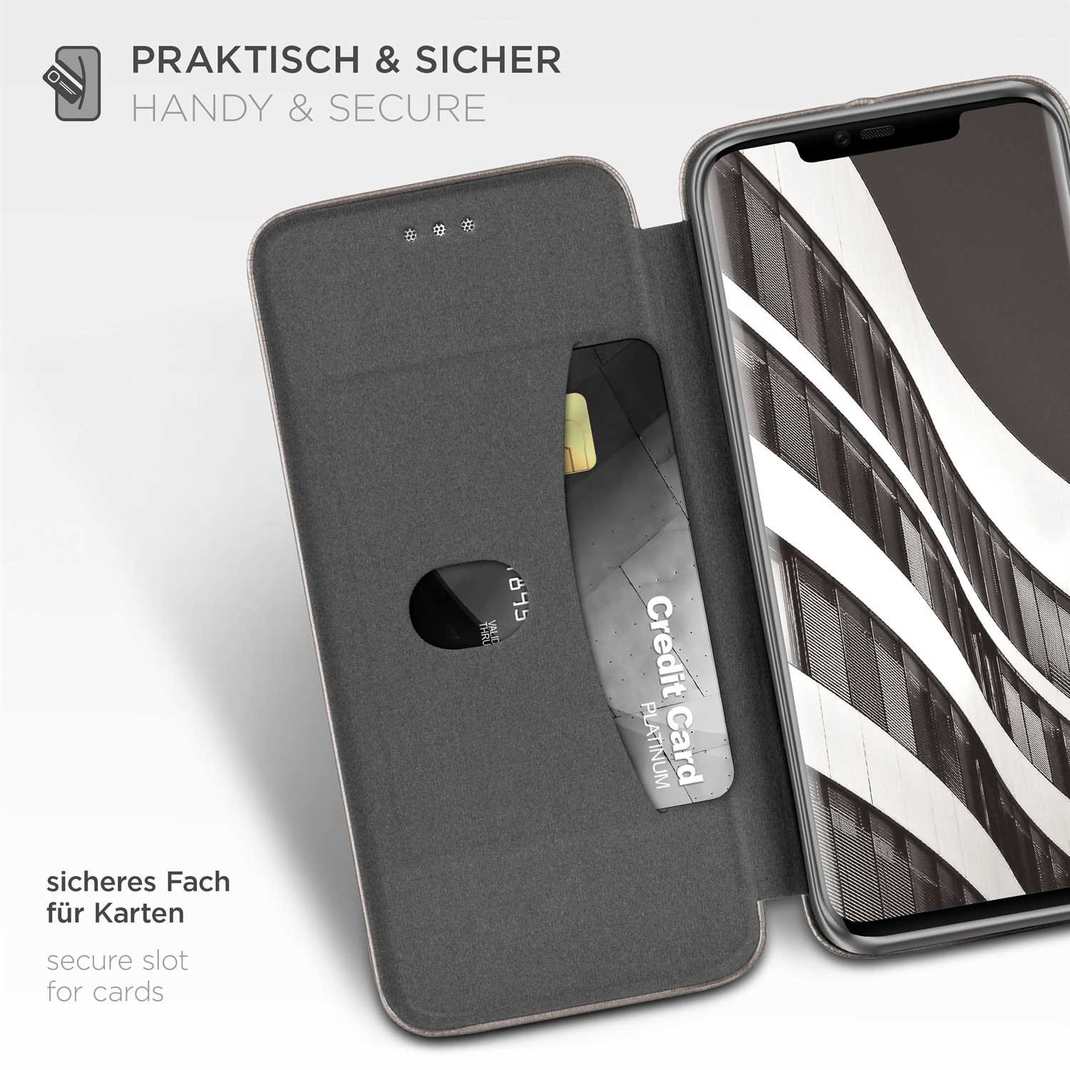 Eine Handyhülle mit Kreditkartenfach und einem Telefon darin. Das Telefon zeigt ein Stadtbild.