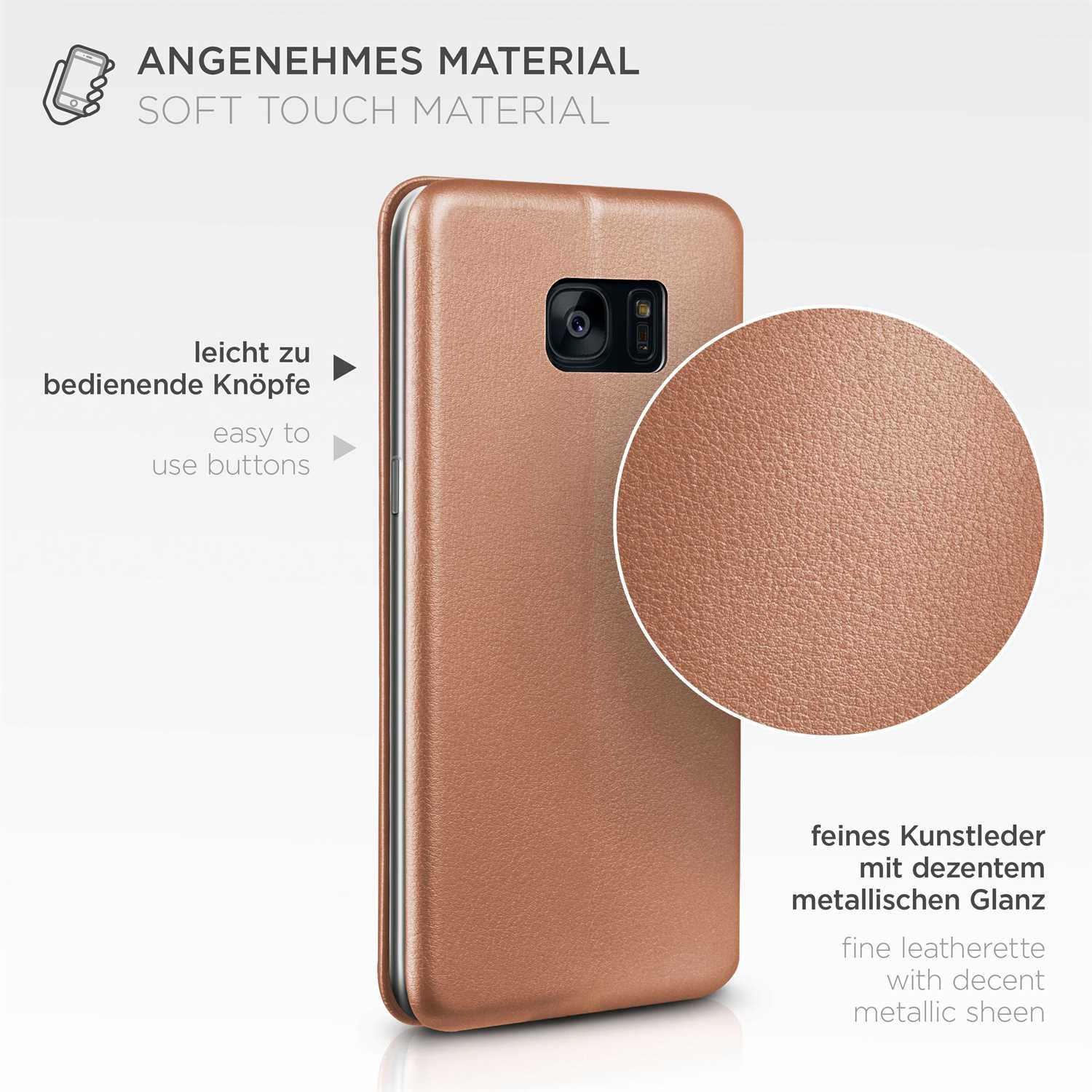 Bronzefarbene Handyhülle, Nahaufnahme zeigt Textur. Text: Soft-Touch-Material, einfach zu bedienende Knöpfe.