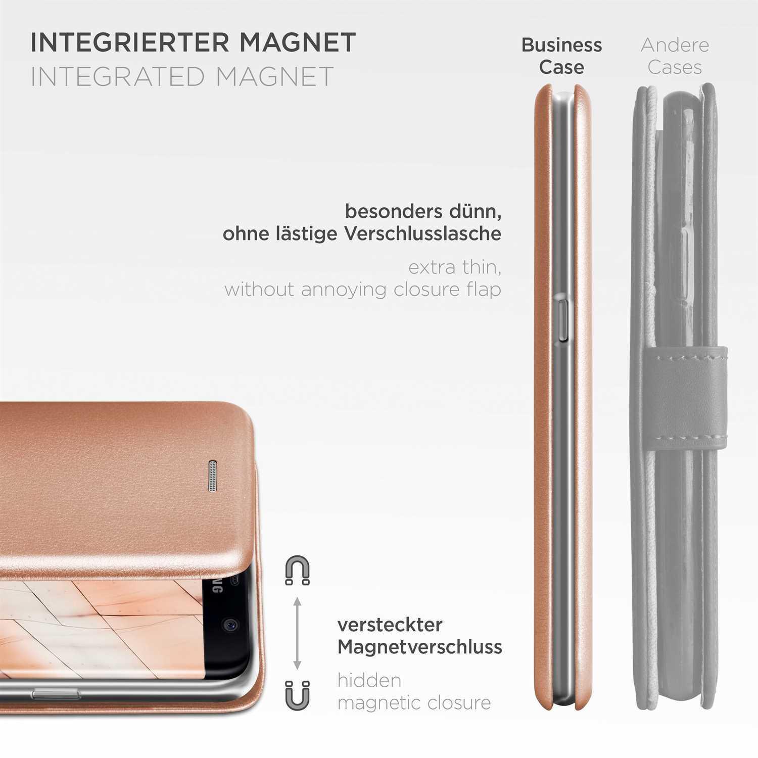 Eine Handyhülle geöffnet, das Telefon darin zeigend. Text sagt 'extra dünn, ohne störende Verschlusslasche'.