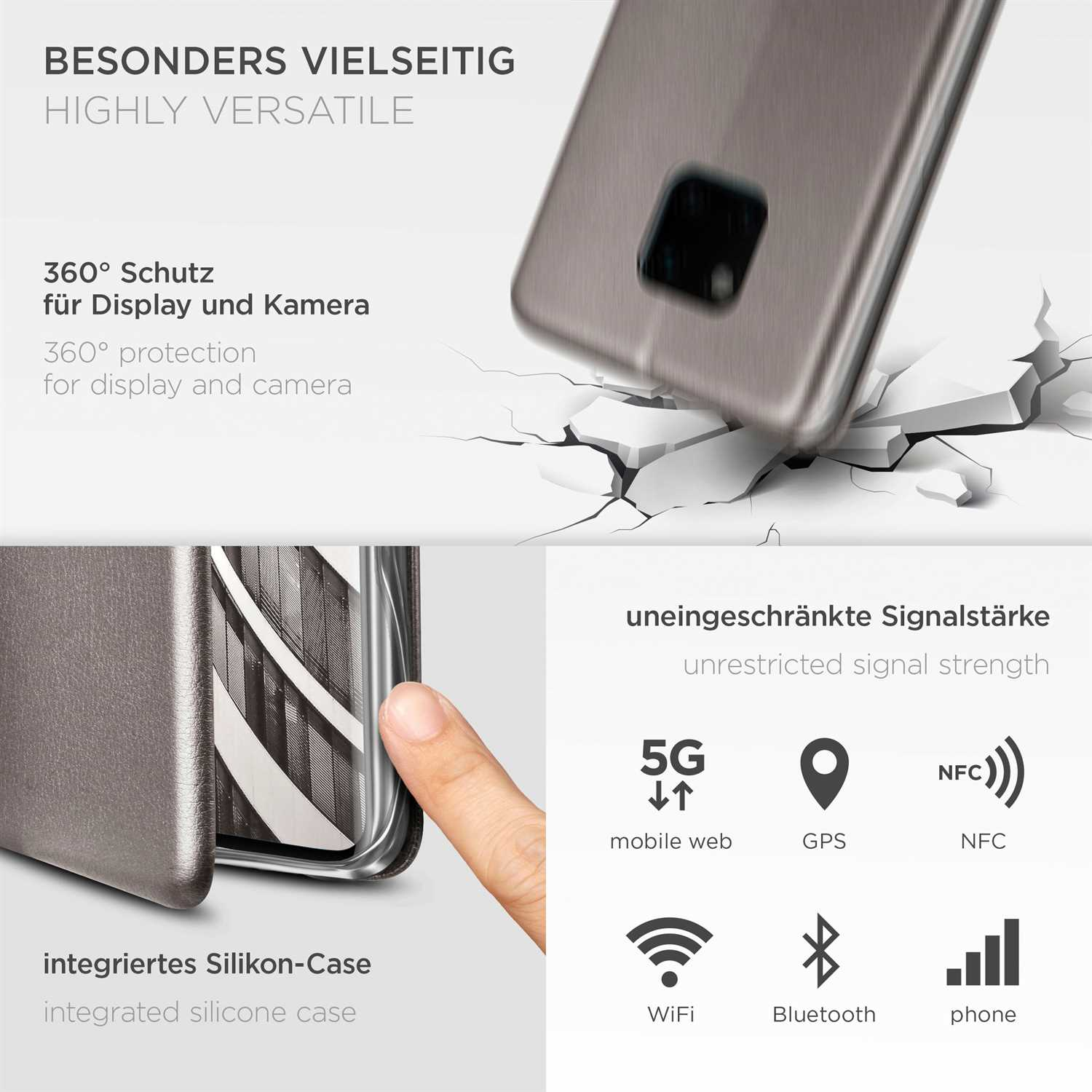 Handyhülle mit Telefon, mit Text: 360° Schutz. Symbole für mobiles Web, GPS, NFC usw.