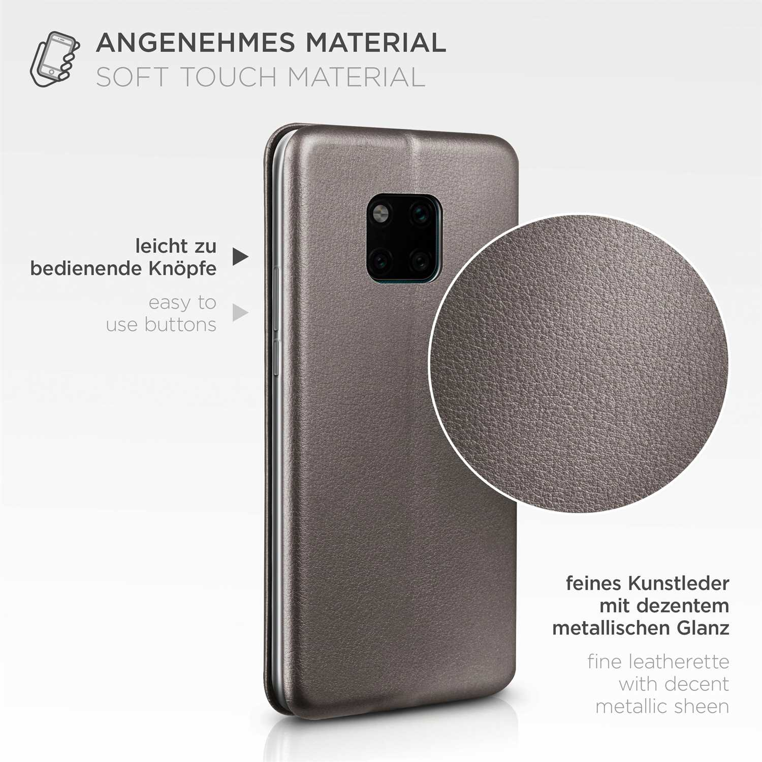 Eine Handyhülle in Grau mit metallischem Glanz, mit detaillierter Nahaufnahme des Materials.