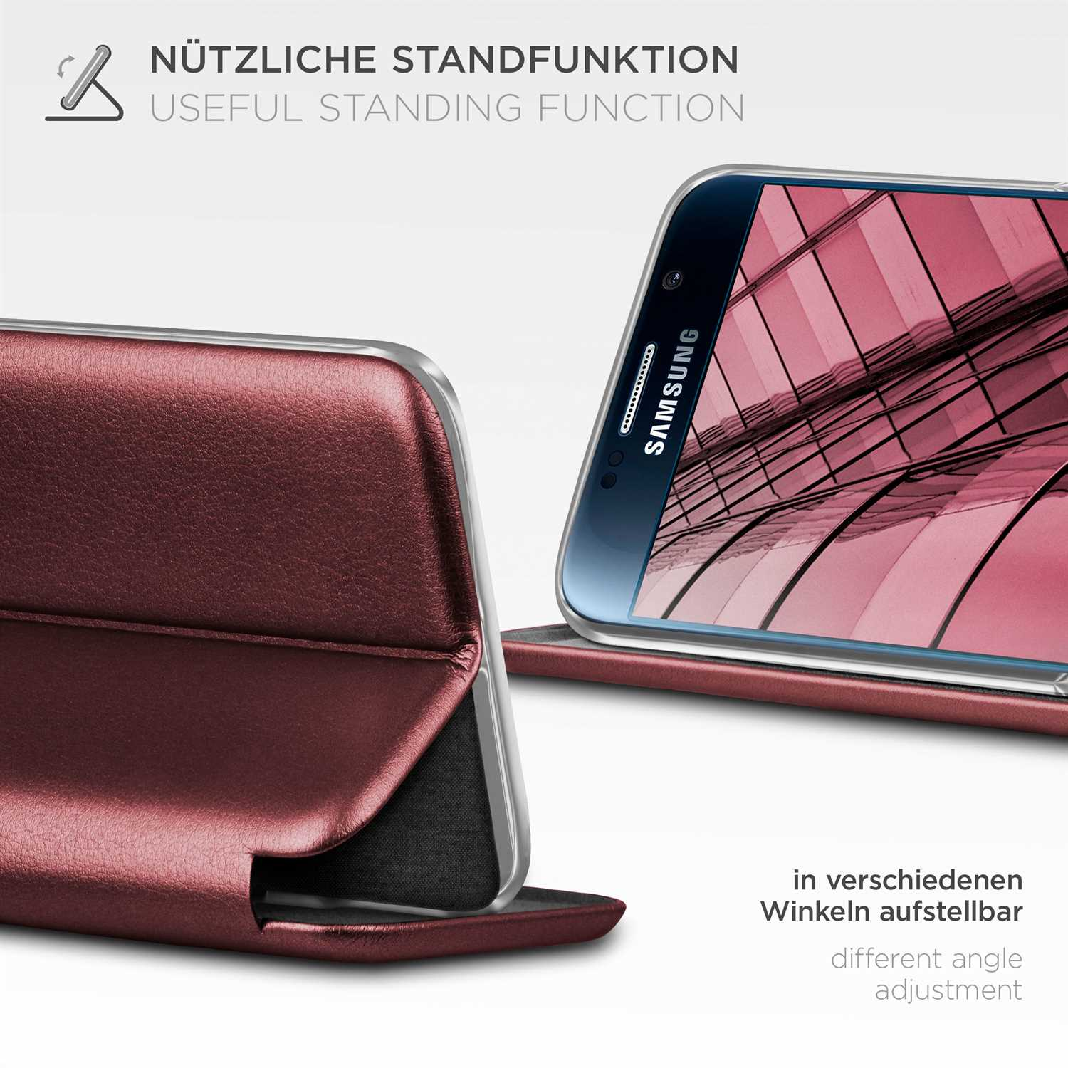 Eine Handyhülle ist geöffnet und zeigt ein Telefon. Text: Nützliche Standfunktion.