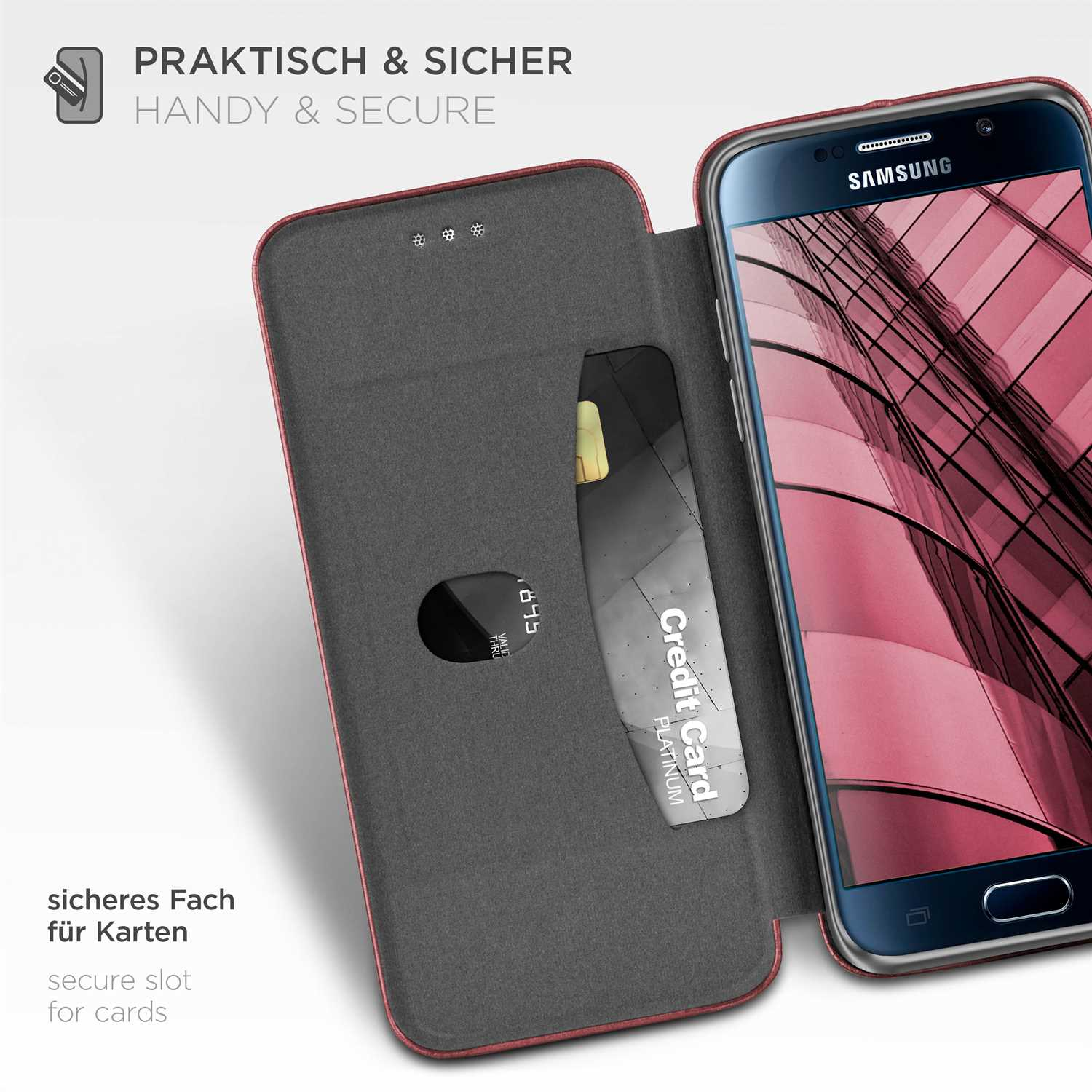 Ein Telefon in einer Hülle, mit einer Kreditkarte sichtbar. Die Hülle ist offen und zeigt einen Kartensteckplatz.