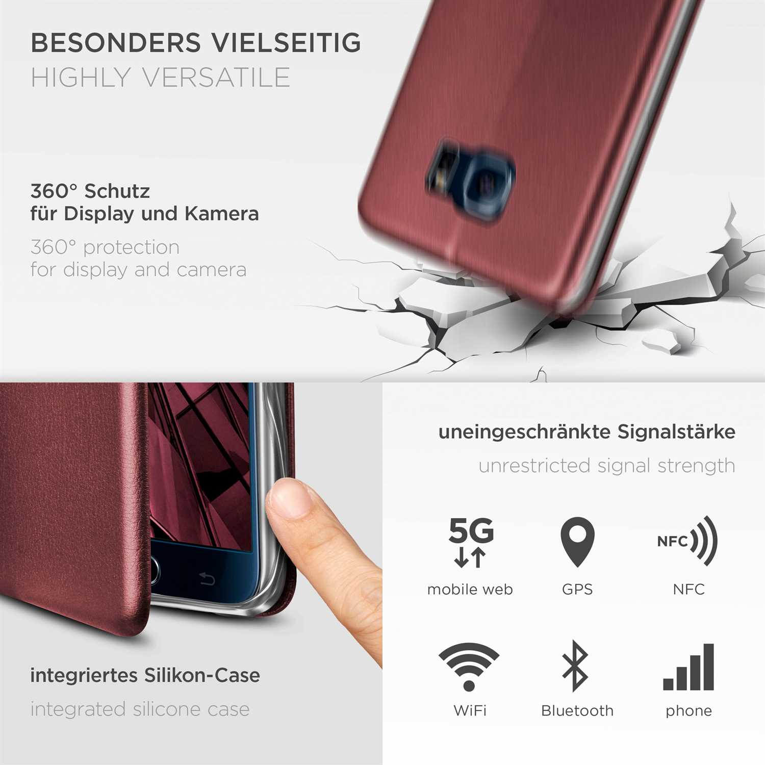 Handyhülle und Telefon. Grafiken zeigen Signalstärke und Icons.