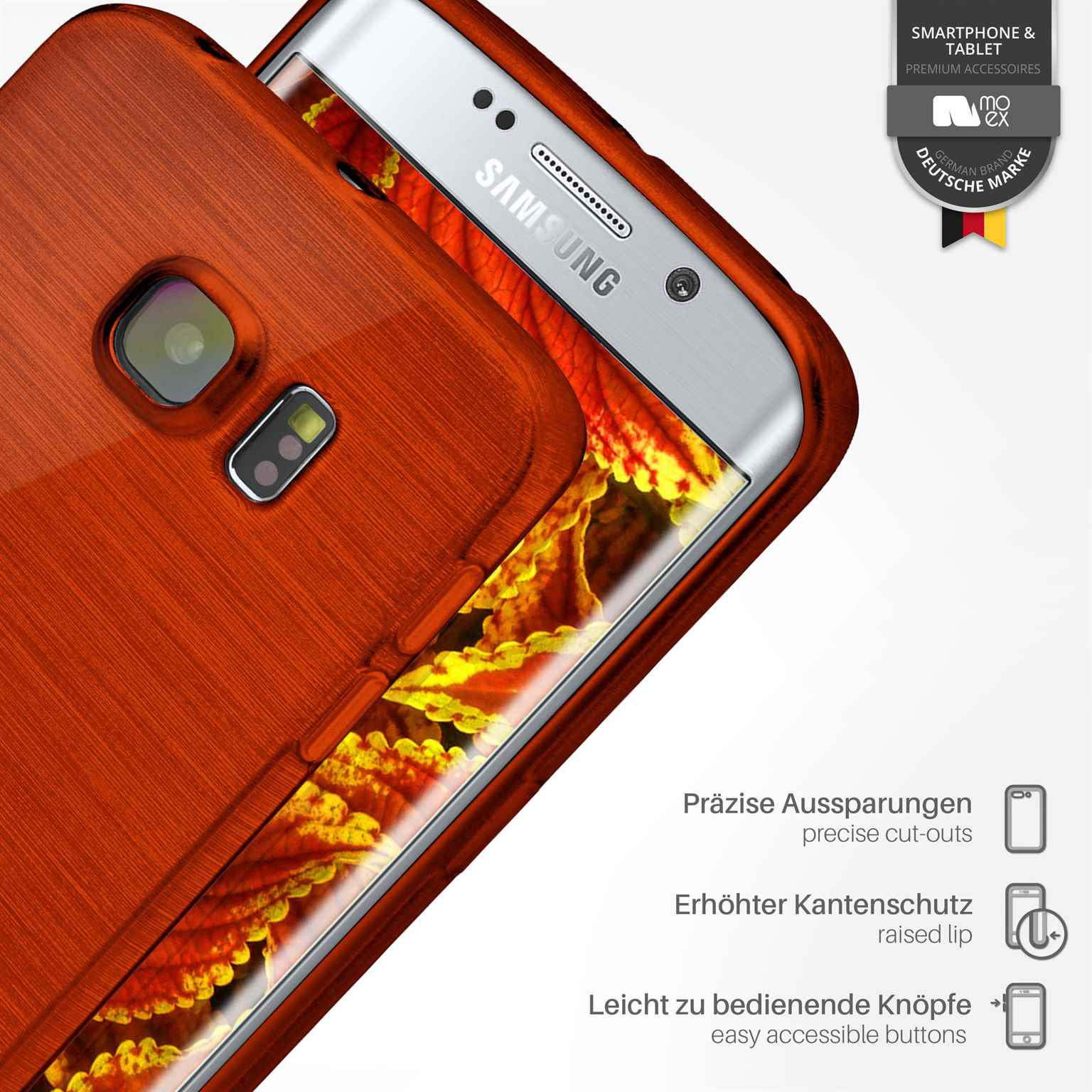 Orangefarbene Handyhülle auf einem Samsung-Telefon. Merkmale Ausschnitte und einfache Knöpfe.