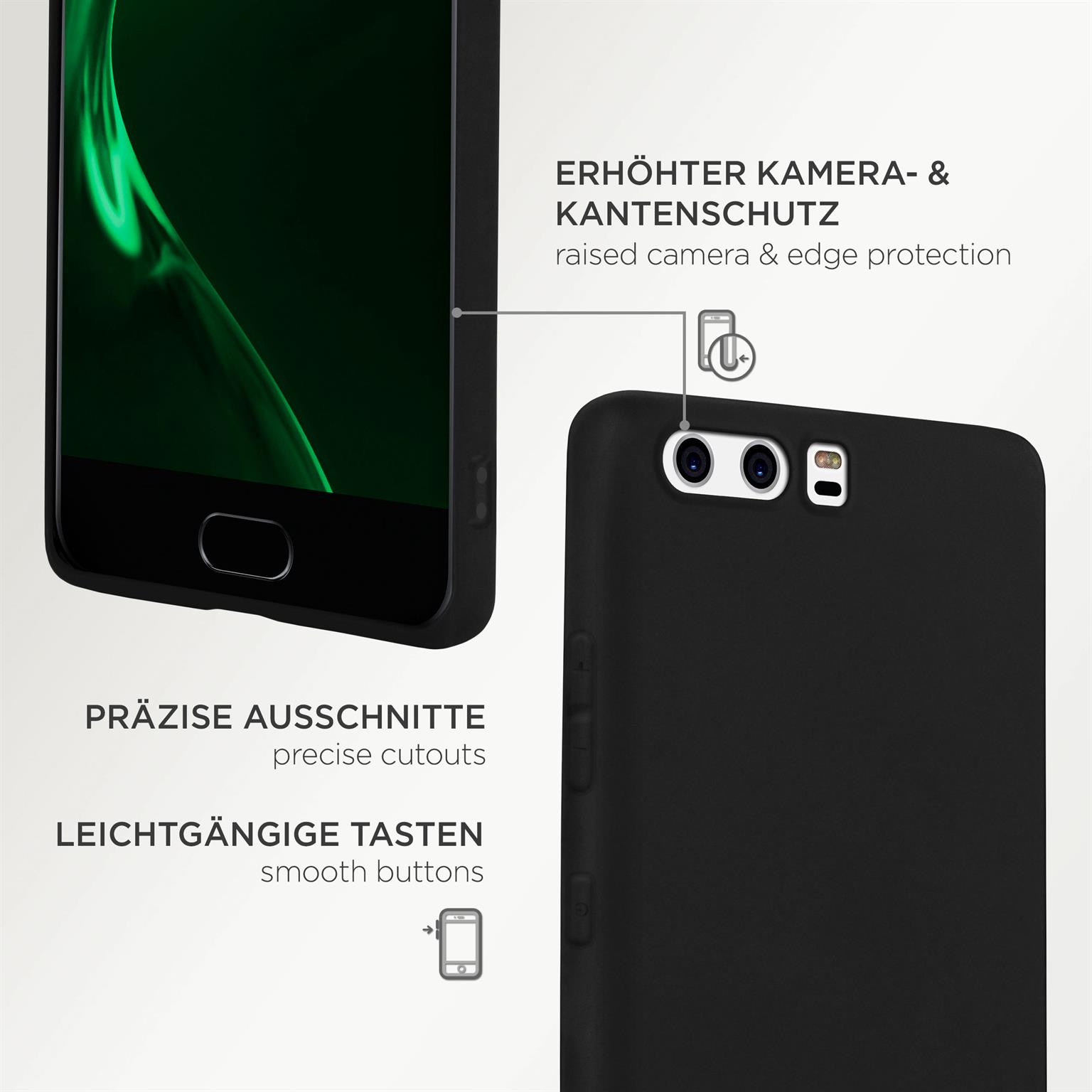 Eine schwarze Handyhülle mit einem Telefon darin. Die Hülle hat präzise Ausschnitte und erhöhten Kameraschutz.
