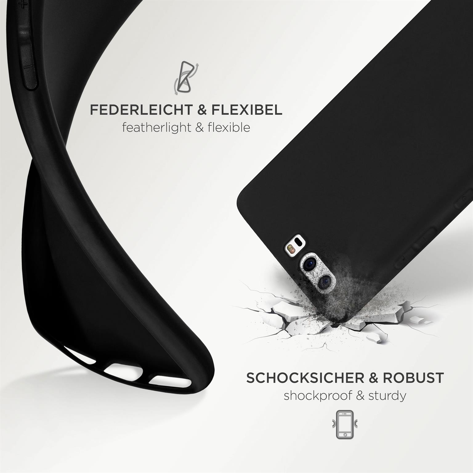 Eine schwarze Handyhülle wird gebogen und zeigt Flexibilität, neben dem Telefon.