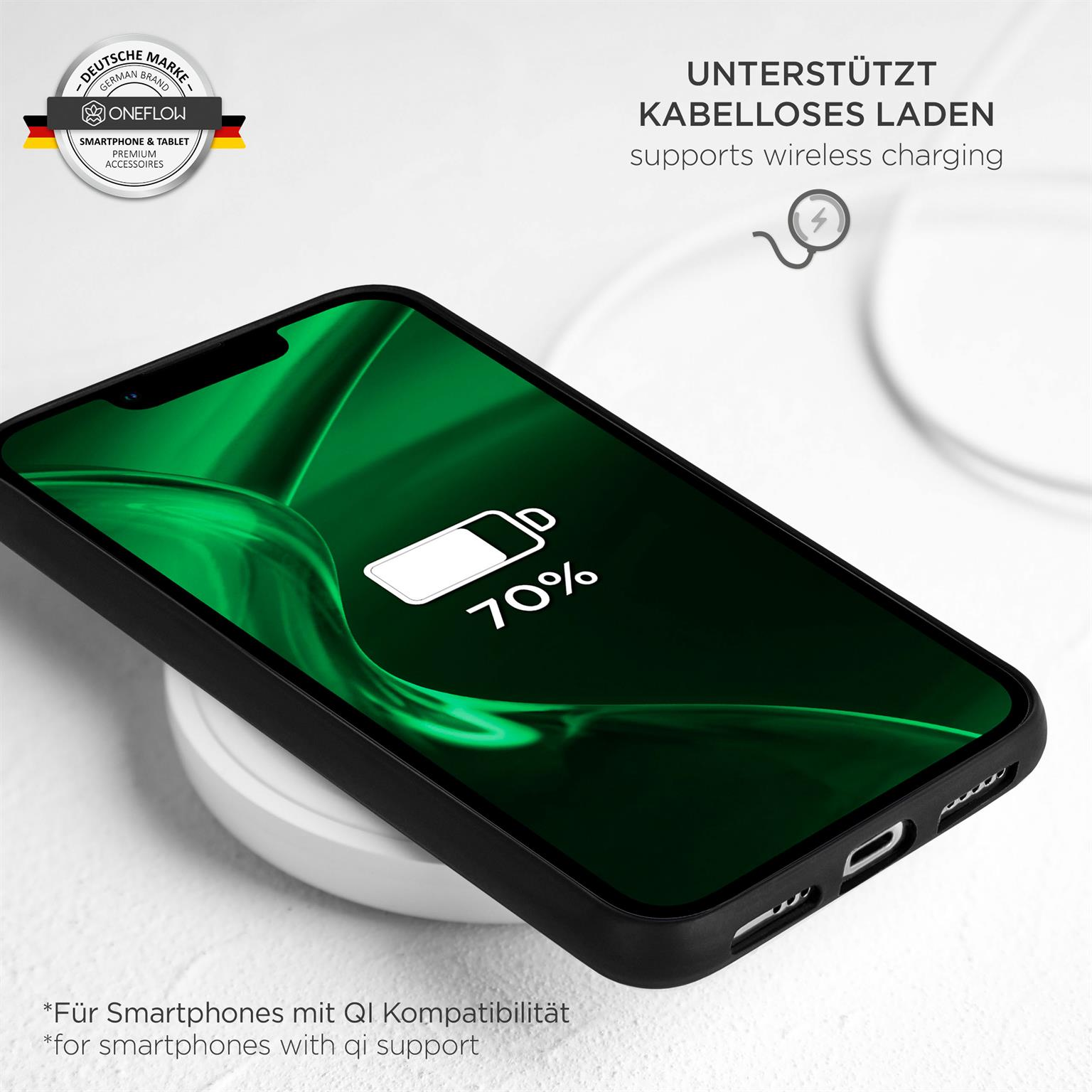 Ein schwarzes Telefon mit schwarzem Gehäuse. Es hat eine grüne Batterieladeanzeige bei 70 %.