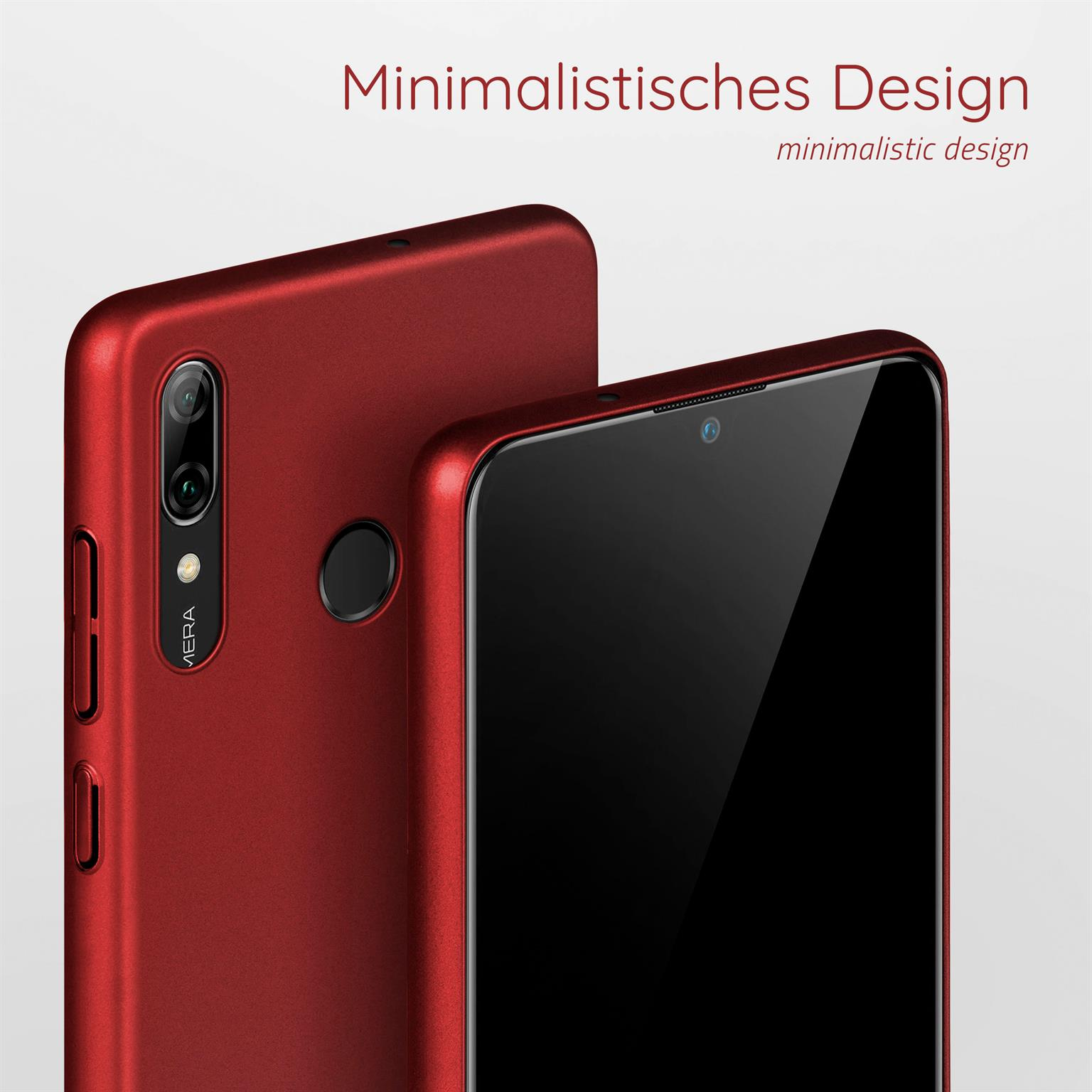 Zwei rote Telefone, eines in einem Gehäuse, auf weißer Oberfläche. Text 'Minimalistisches Design'.