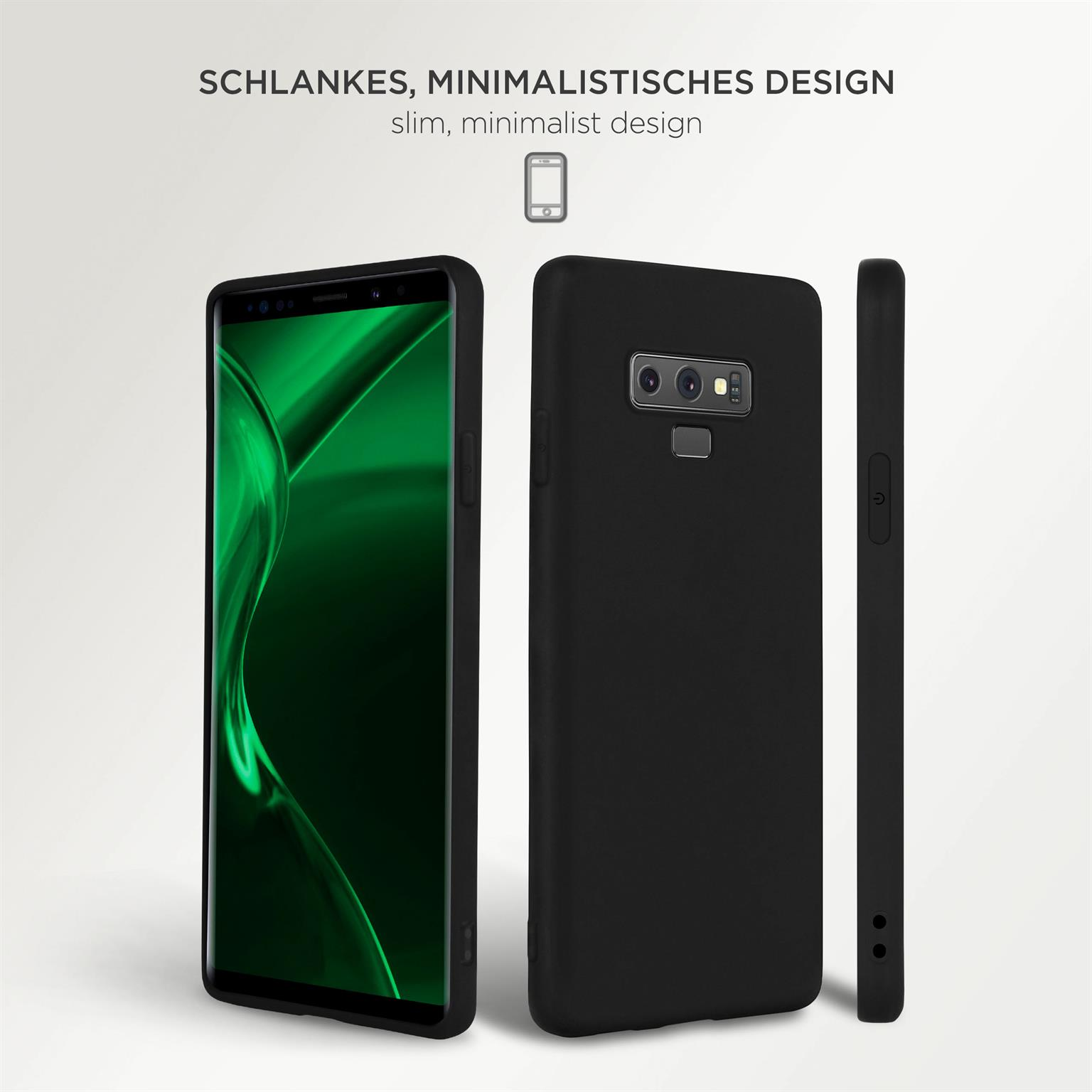 Drei schwarze Telefone. Eines zeigt die Vorderseite, zwei zeigen Seiten und Rückseite.