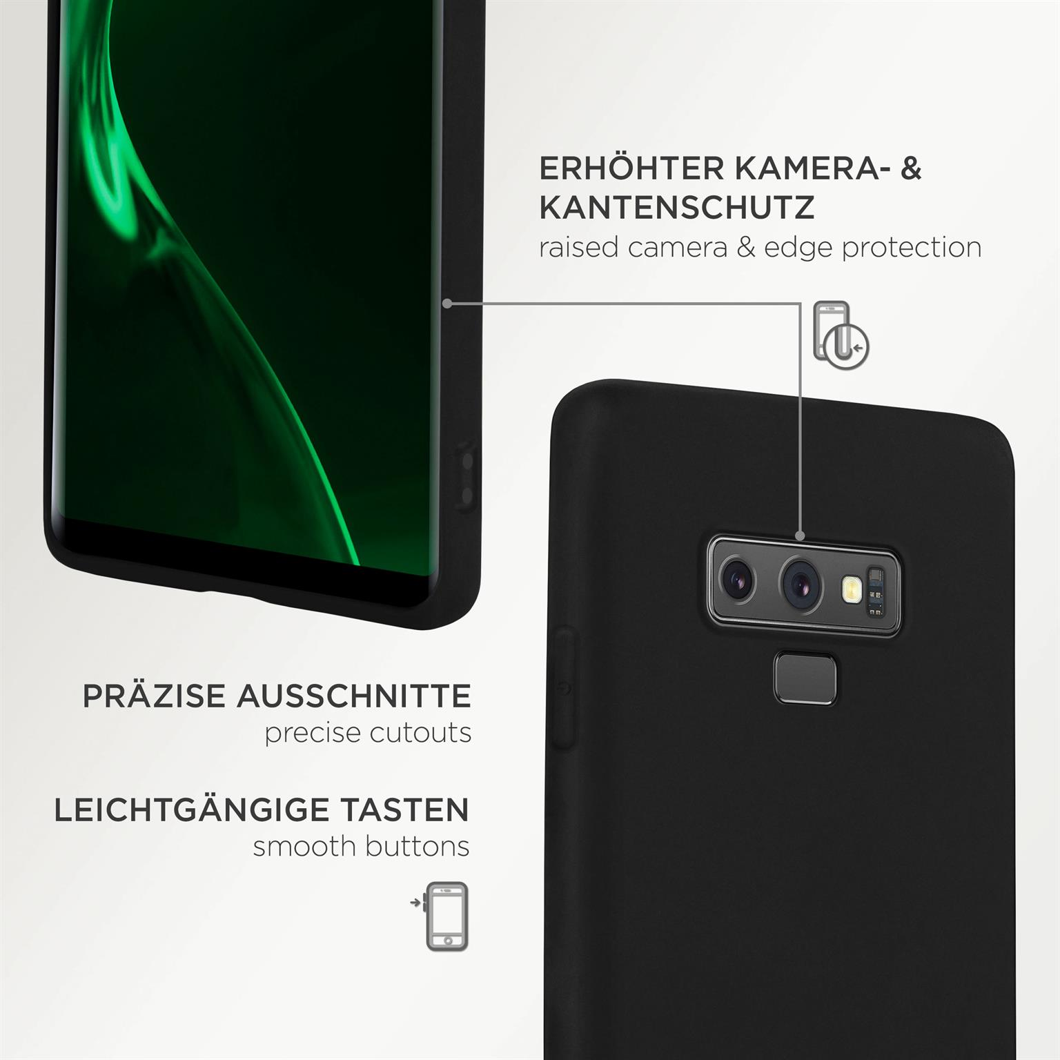 Schwarze Handyhülle auf weißem Hintergrund, zeigt Kamera und Aussparungen.