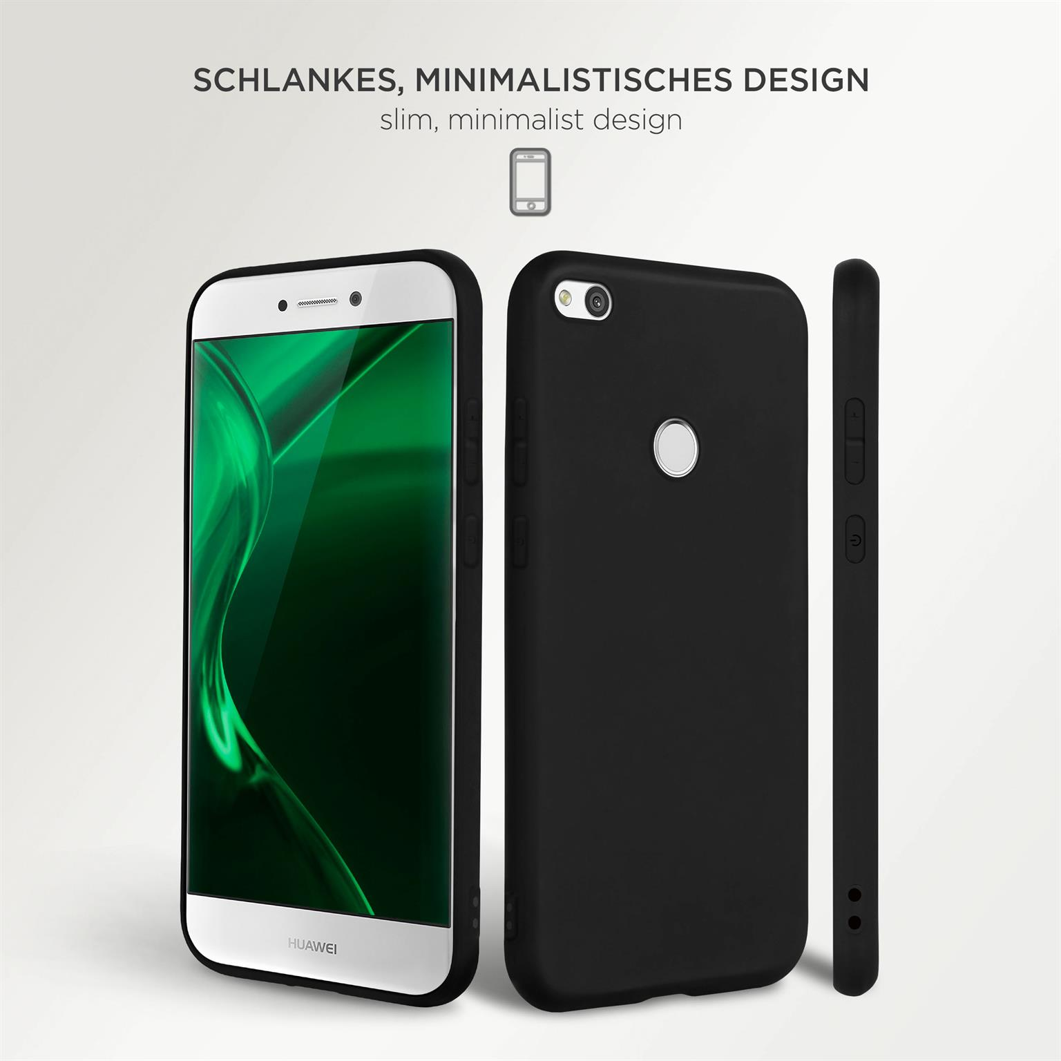 Drei Telefone und Hülle. Text: Schlankes, minimalistisches Design. Ein Telefon zeigt grünen Bildschirm.