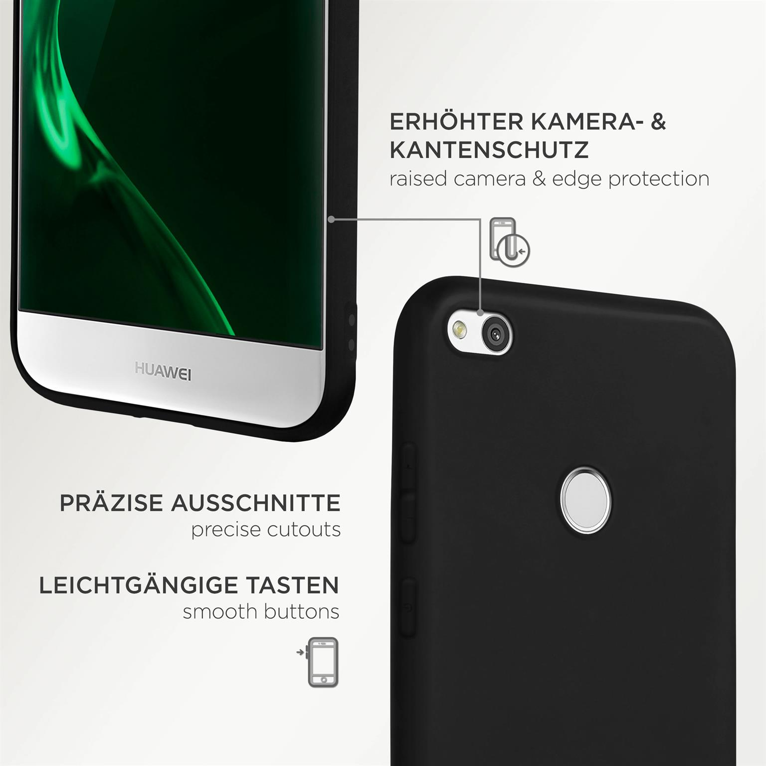 Eine schwarze Handyhülle, die Seite und Rückseite zeigt, mit Text über präzise Aussparungen.