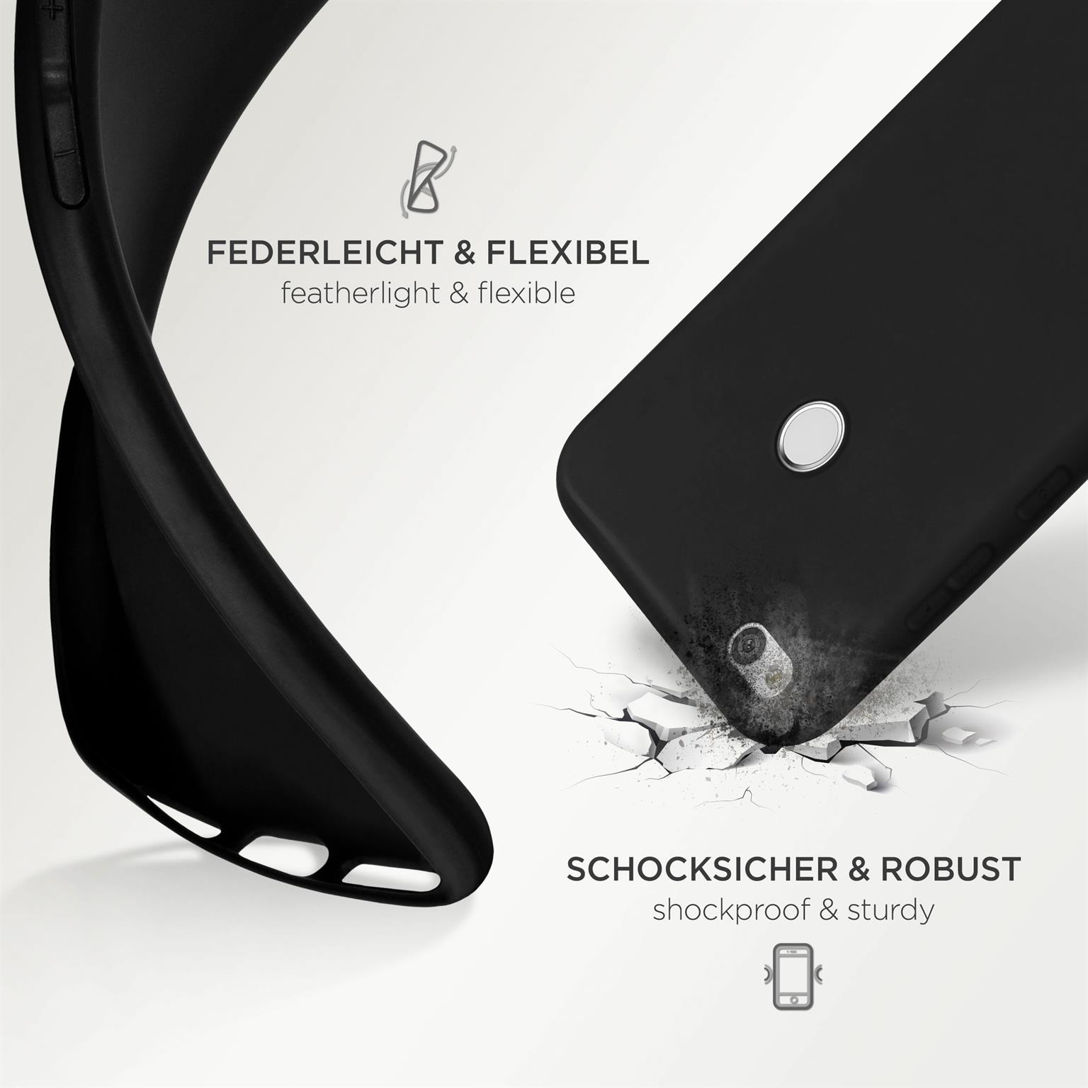 Schwarze Handyhülle, gebogen, um Flexibilität zu zeigen. Text: Stoßfest & robust. Handyhülle auf weißer Oberfläche.