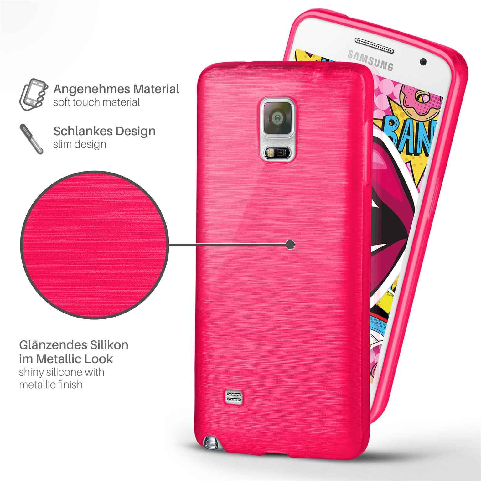Rosa Handyhülle mit einem Handy darin, das schlankes Design und Metallic-Look demonstriert.