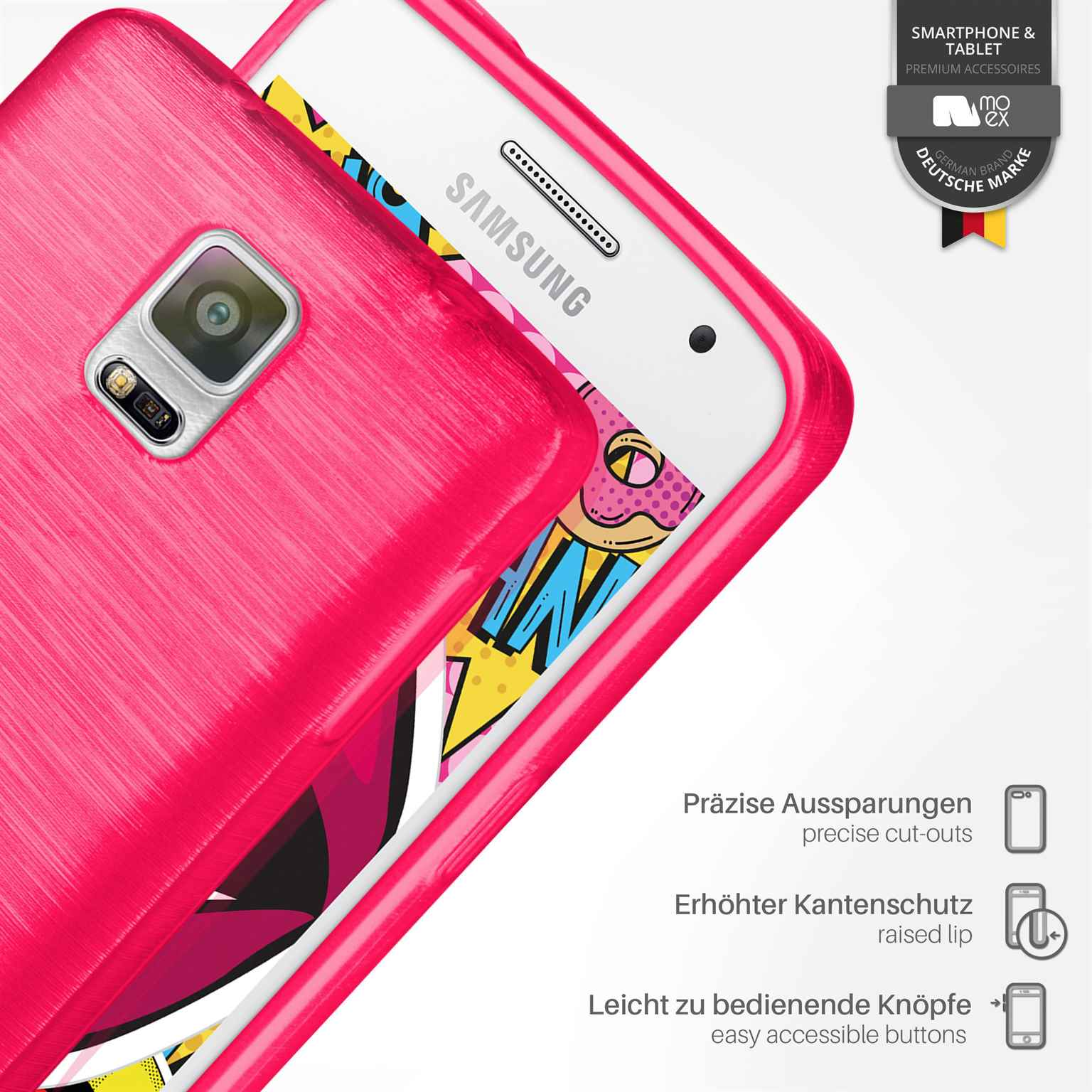 Eine rosa Handyhülle auf einem Telefon. Text sagt 'präzise Aussparungen, erhöhter Kantenschutz und einfache Tasten'.