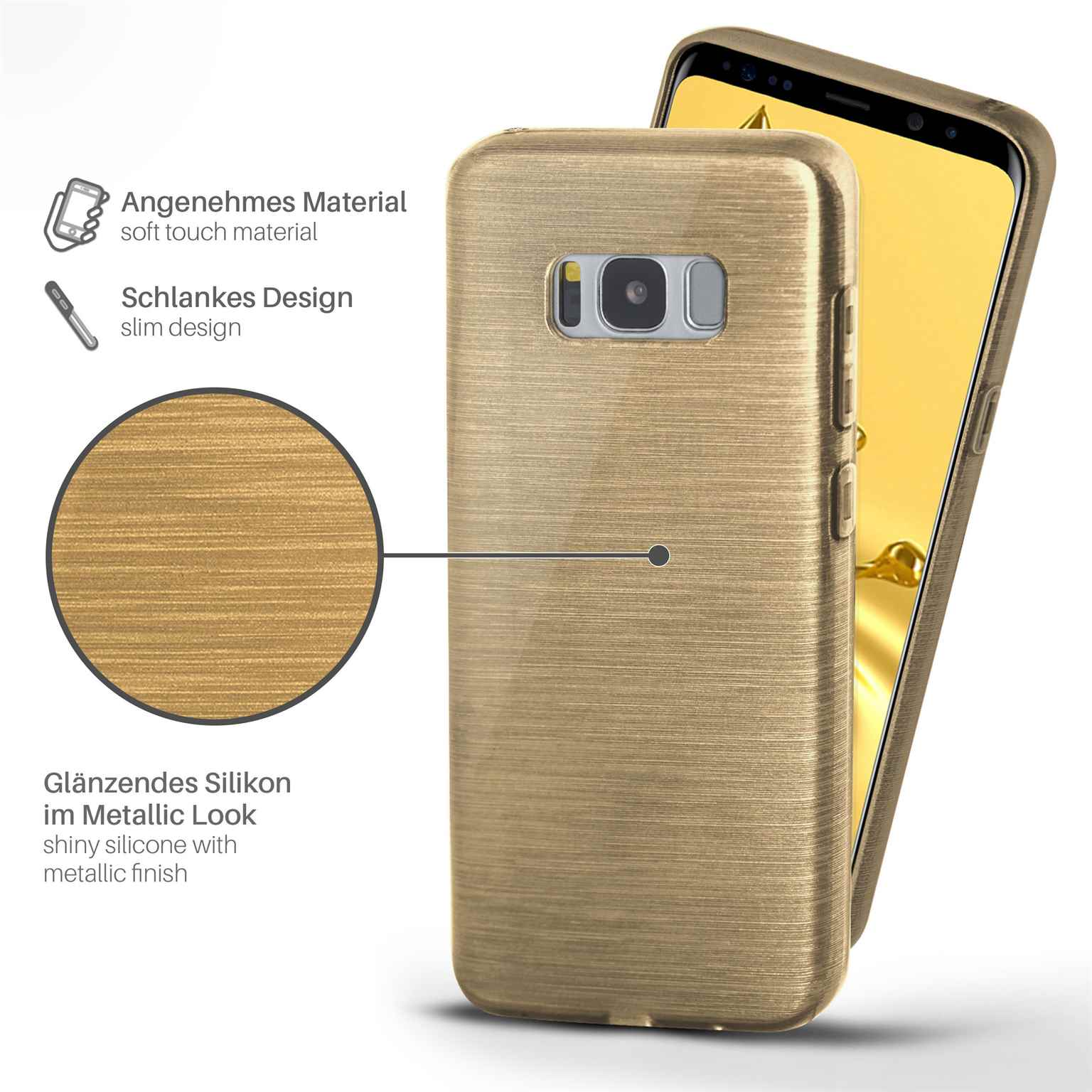 Goldene Handyhülle mit Telefon darin. Nahaufnahme der Textur. Text: 'Metallic-Look'.