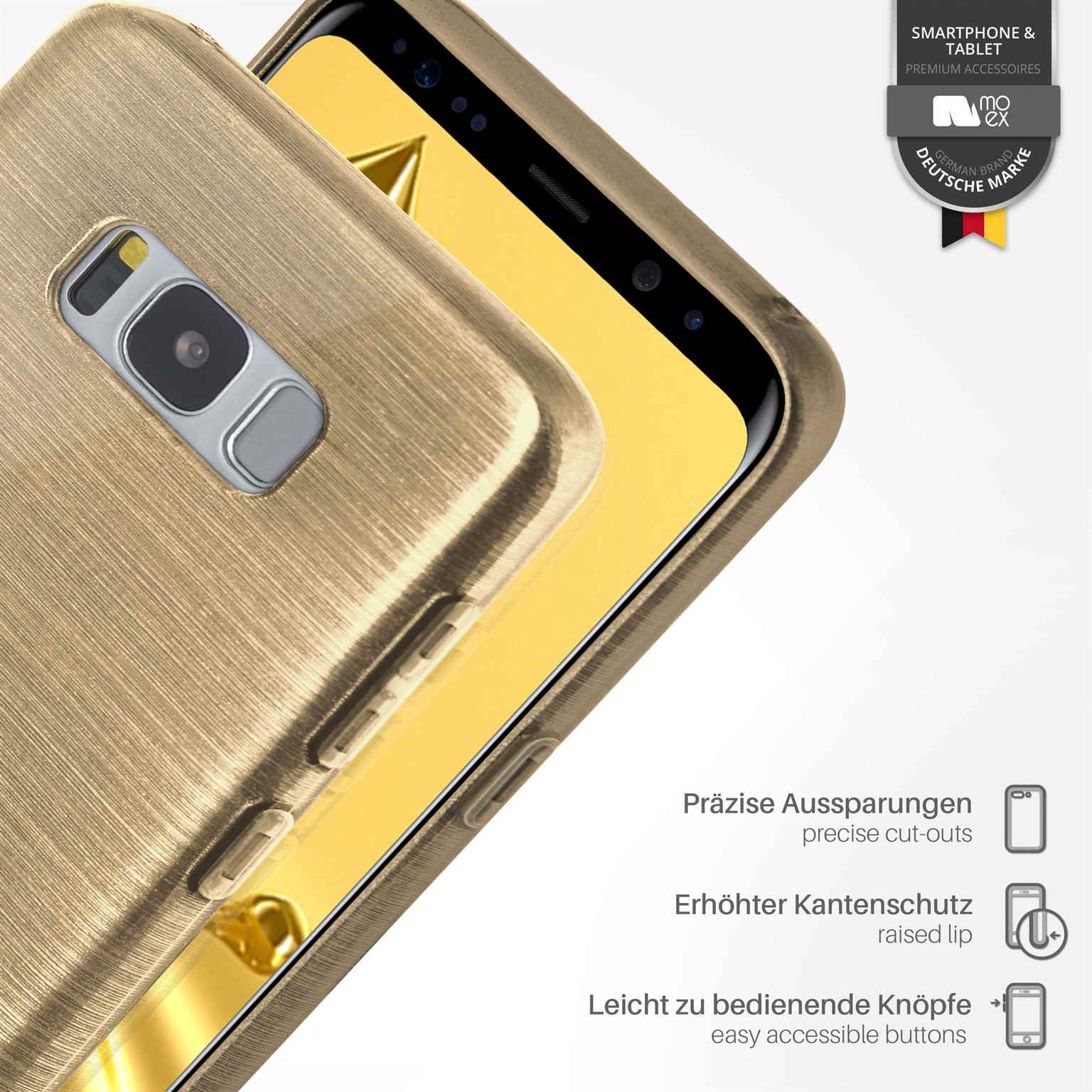Handyhülle mit goldfarbenem Metallic-Finish. Zeigt präzise Aussparungen, erhöhte Lippe und einfache Tasten.