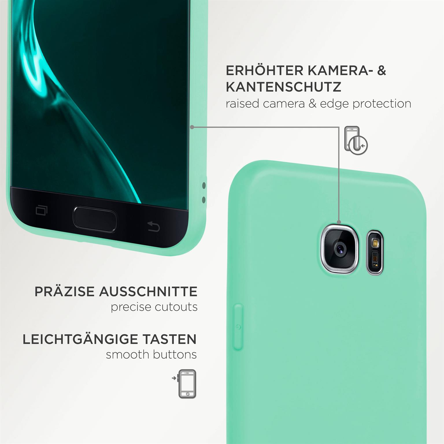 Mintgrüne Handyhülle, Nahaufnahme des Telefons. Text: Präzise Aussparungen, glatte Tasten, Kantenschutz.