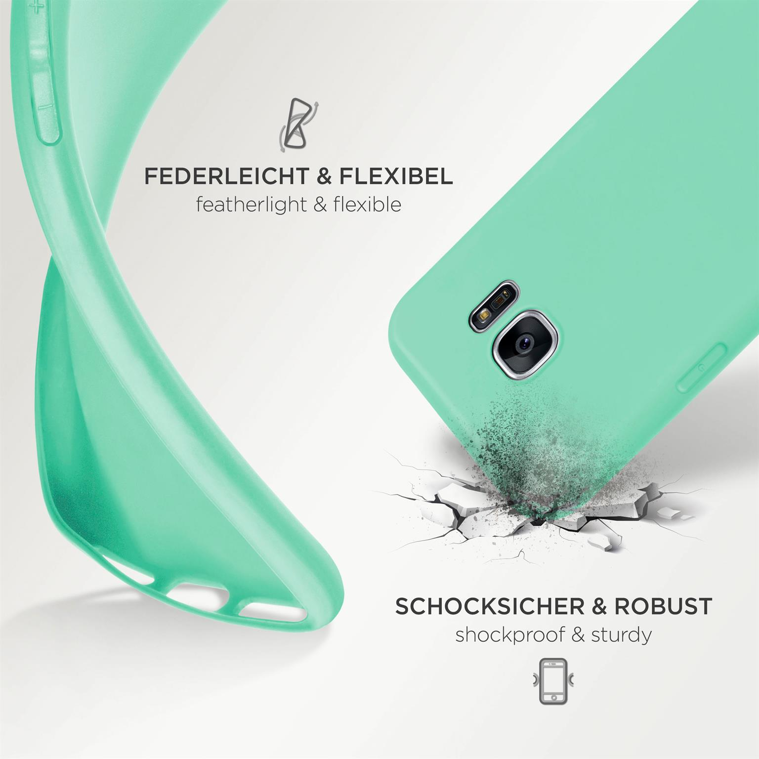 Minzgrüne Handyhülle mit Text: Federleicht & Flexibel, Stoßfest & Robust.